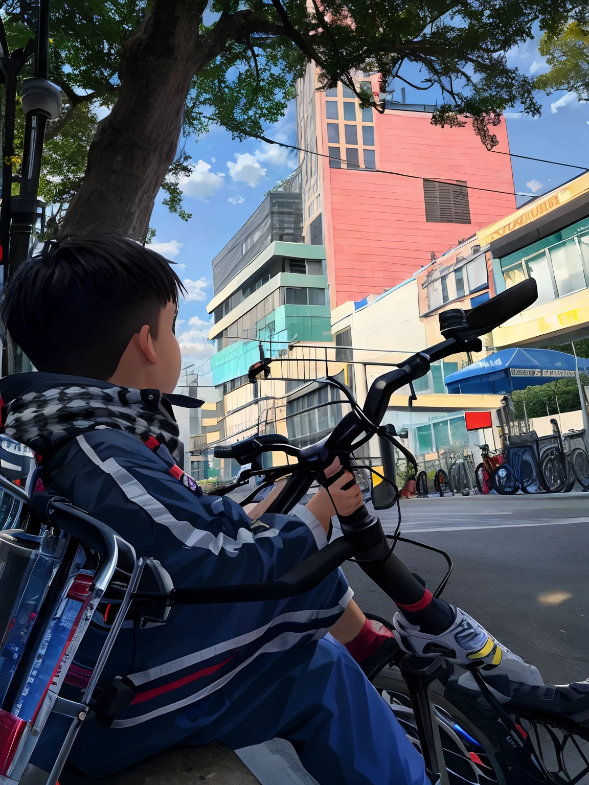 scenery, a ??? with bicycle staring at buildings, trees, day light, well, sky, clouds