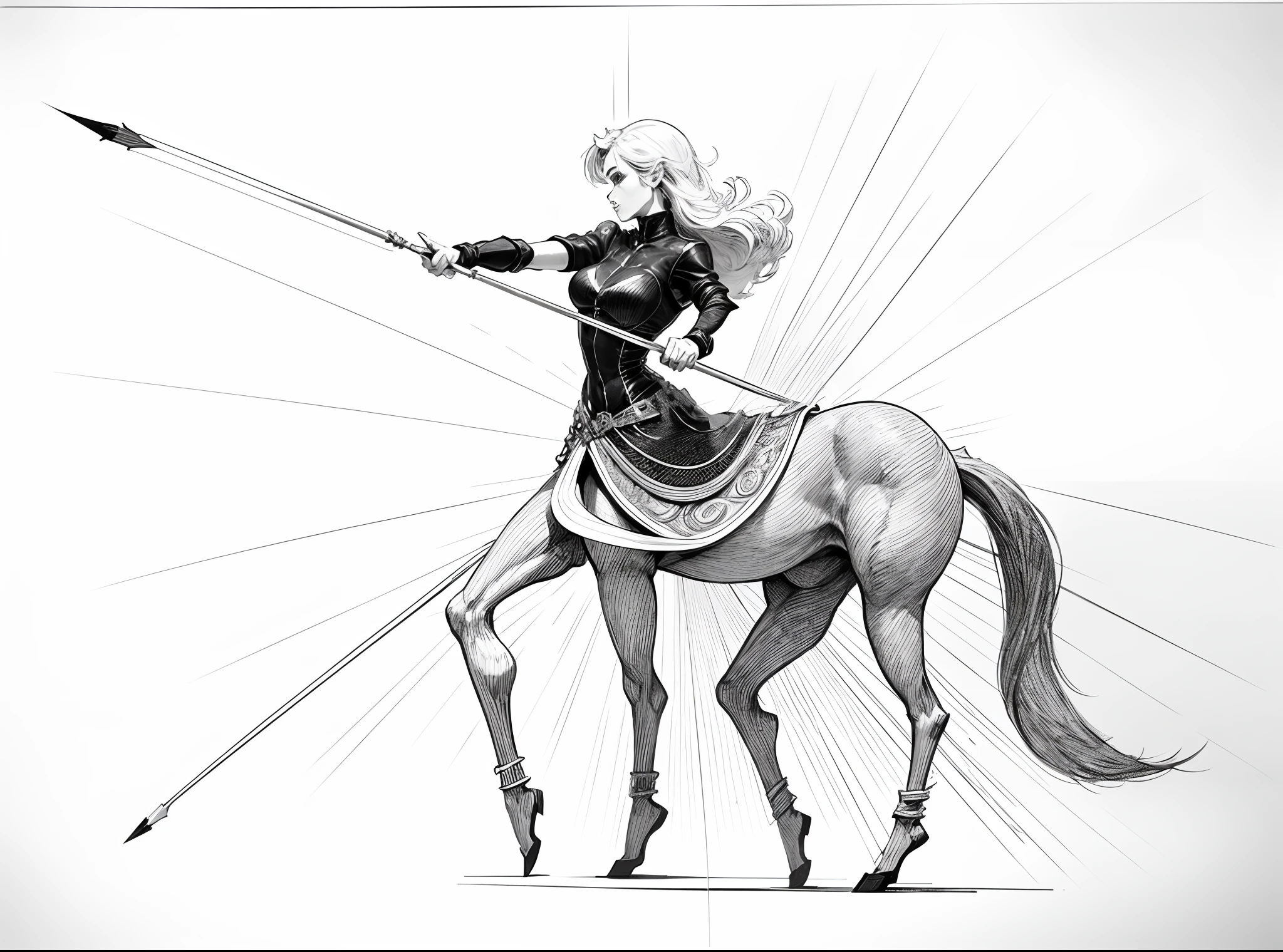 1 Centaur female holding spear line drawing，Line drawings，Plain white background，pencil drawing，Remove the background，Graphic design sense，Smooth black and white lines，Perfect curves，simple and clean lines，fluency，delicated face，No additional wiring is required，Perfect hand movements，Hold out five fingers，（high high quality）(volumettic light)