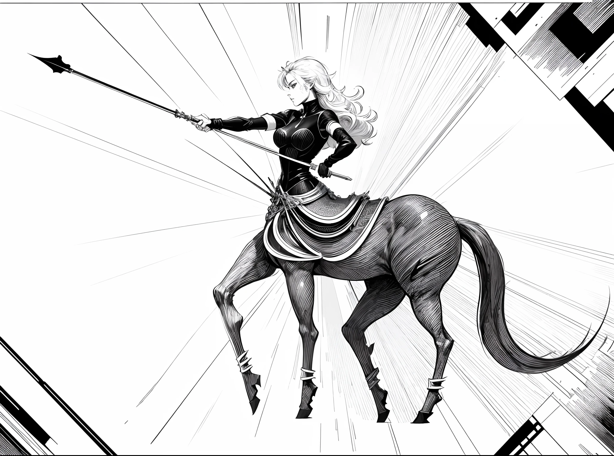 1 Centaur female holding spear line drawing,Line drawings,Plain white background,pencil drawing,Remove the background,Graphic design sense,Smooth black and white lines,Perfect curves,simple and clean lines,fluency,delicated face,No additional wiring is required,Perfect hand movements,Hold out five fingers,(high high quality)(volumettic light)