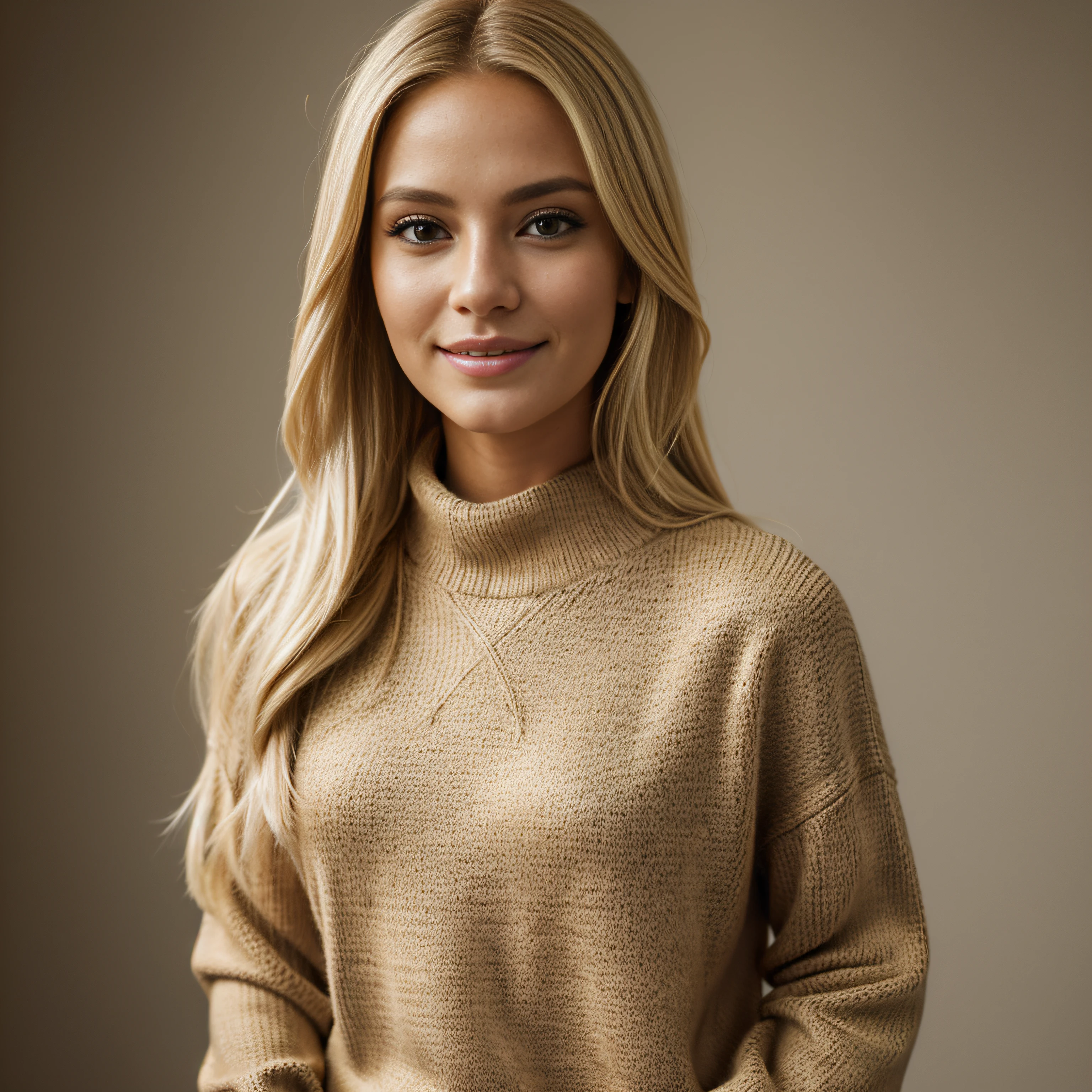 Portrait of a model woman with blond hair in a warm designer sweater, in the style of branded clothing, With the sweater in full view, Panasonic GH5, happy expressions, low key image, sharp texture - Image #2 @SlengSleng