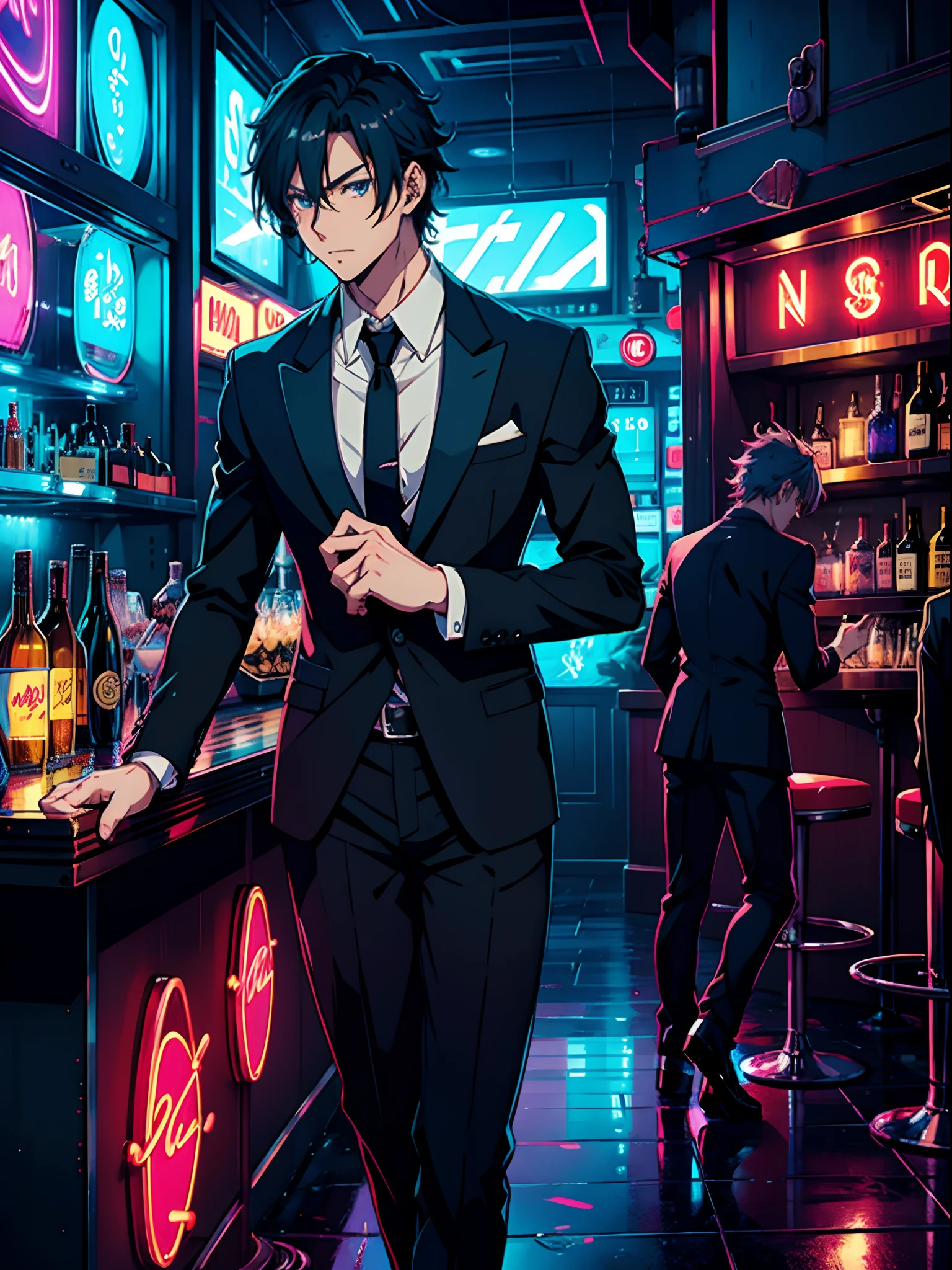 anime sexy man, Formal wear, Bar with neon signs, Bar Counter