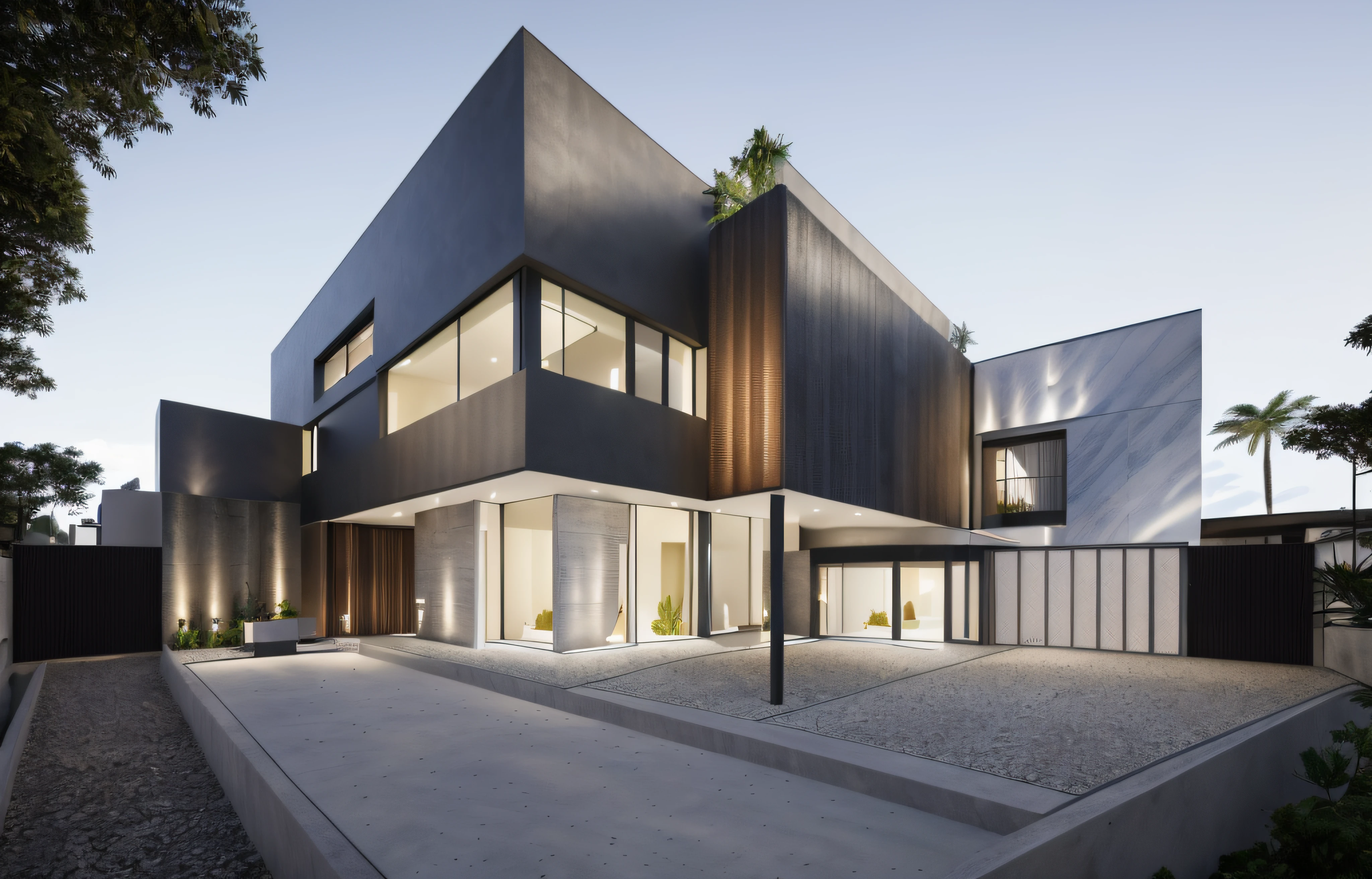 a view of a modern home with a large front yard, main material by white wall and stone and wood, 1 road runs in front of the house, (RAW photo, real, best quality, masterpiece:1.2), look morden minimalist, 1 road in front of the house, shime ring light, light brighteness from indoor:1.2, dynamic lighting:1.3, (hyper realistic, photo-realistic:1.2), high quality, day lighht, hight contrast :0.5 perfect lighting, archdaily, award winning contemporary, contemporary masterpiece, well-designed masterpiece, large modern residence, neotraditional modern, wide angle exterior 2022, midcentury modern, contemporary house, hip modern vibe, a long-shot from front, award winning modern design, stunning lines, residential, subtle detailing,Green trees surround the landscape