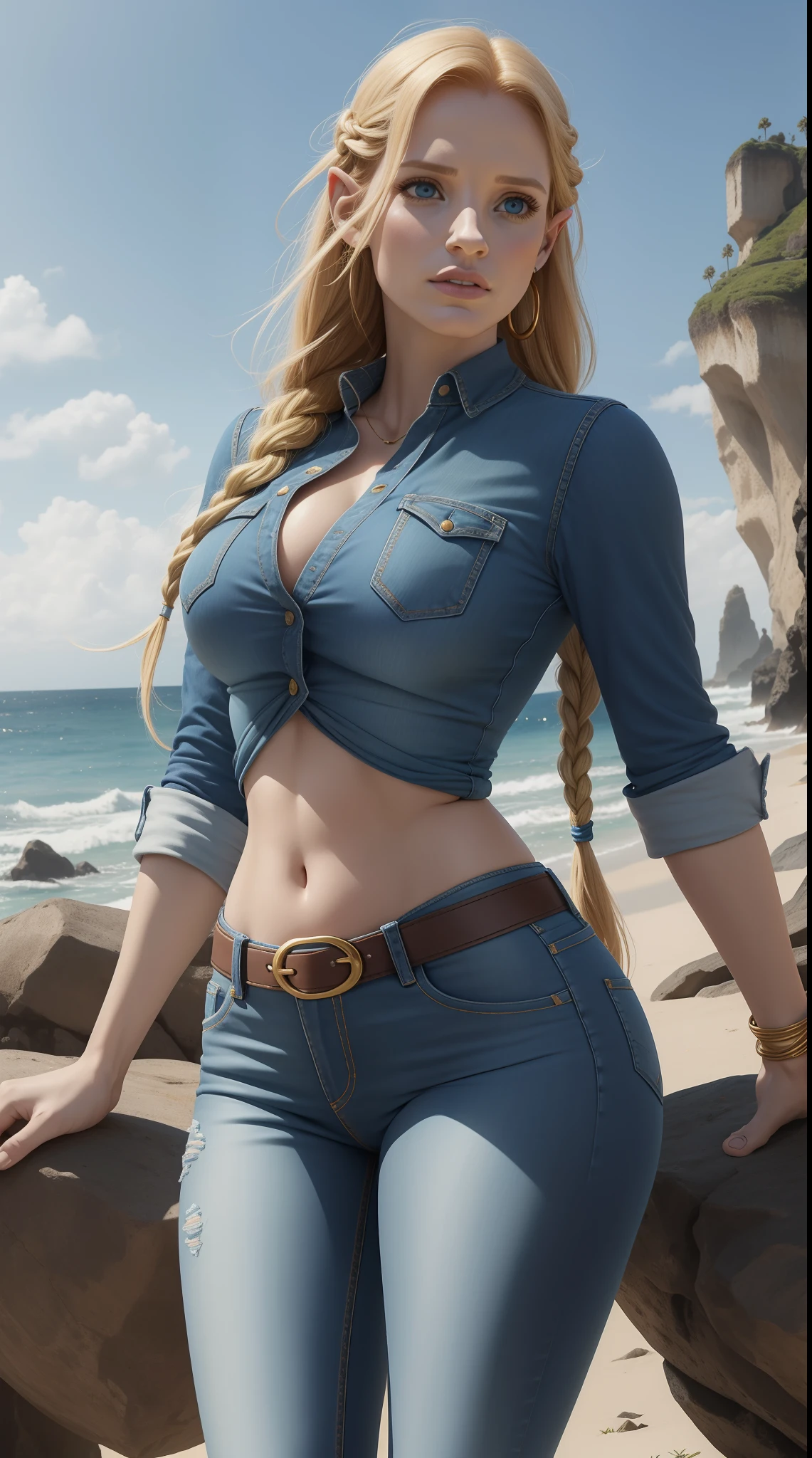 Jessica Chastain como uma loira MYTHOLOGICAL ELFA usando roupa jeans ( tight jeans ), jeans azul, detalhes dourados, longos braceletes, cindo vermelho, golden armlets, coxas torneadas , strong facial expression, look at the camera, olhos claros, long braided blonde hair, orelhas de ELFO expostas, corpo atletico, musculatura definida, Mulher Destemida, Body position of greatness, perspectiva de corpo inteiro, Vista lateral do corpo, Imagem 32K altamente detalhada