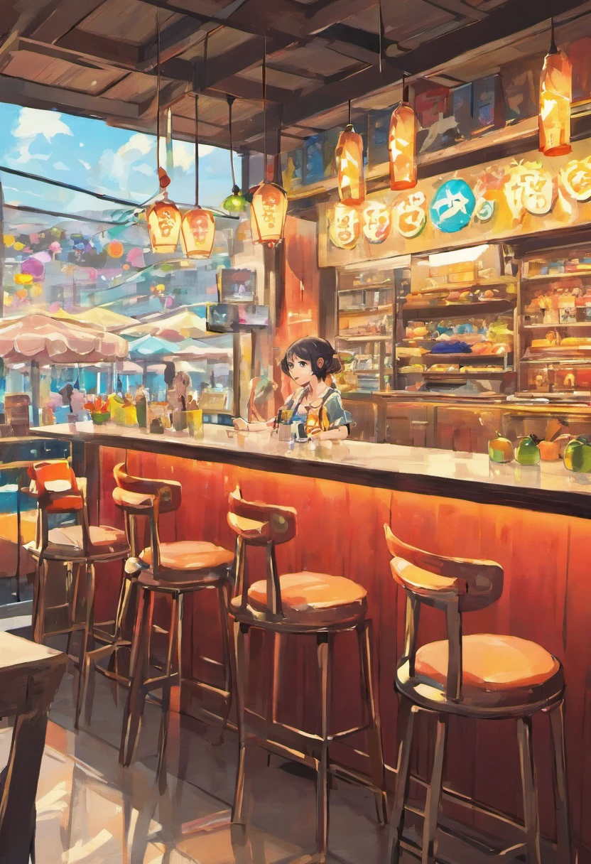 Desenvolva uma proposta de design para uma choperia, where the main highlight is the counter built inside a Kombi. The design is expected to incorporate an outdoor space on the sand with wooden tables to accommodate customers who want to enjoy their drinks and snacks.