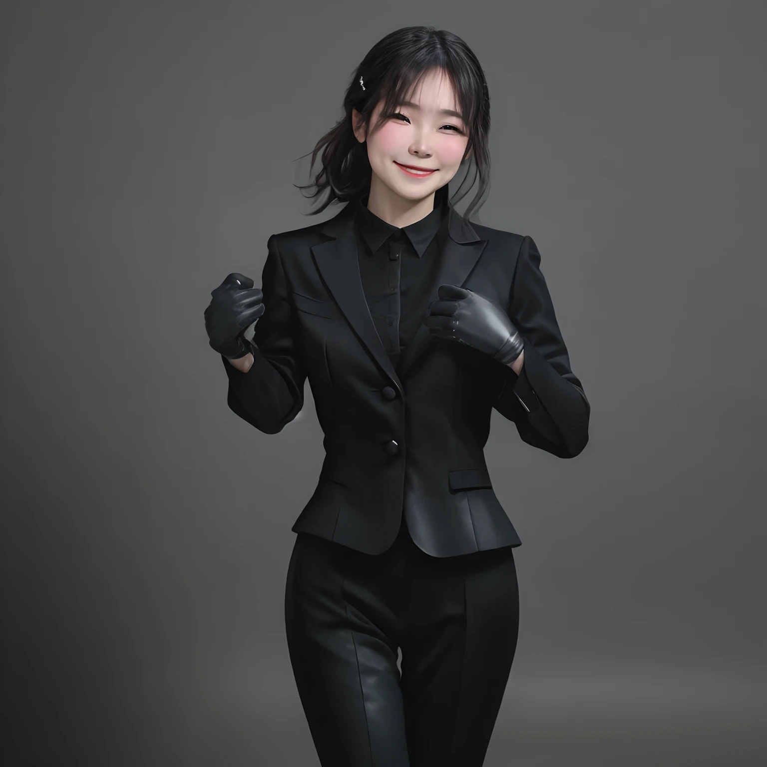 Young Japan woman lifting black suit onto shirt, Black leather gloves worn on both hands, Smiling girl with hands of woman in black suit and black leather gloves