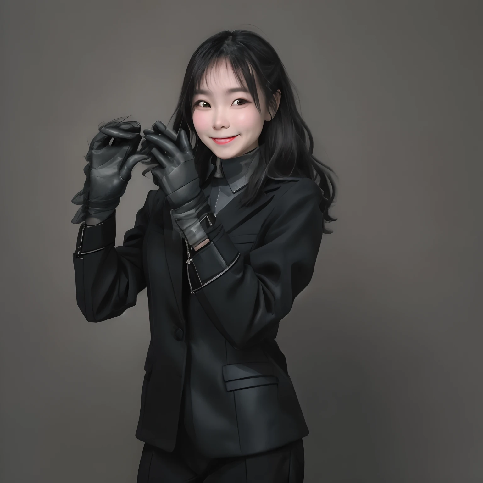 Young Japan woman lifting black suit onto shirt, Black leather gloves worn on both hands, Smiling girl with hands of woman in black suit and black leather gloves