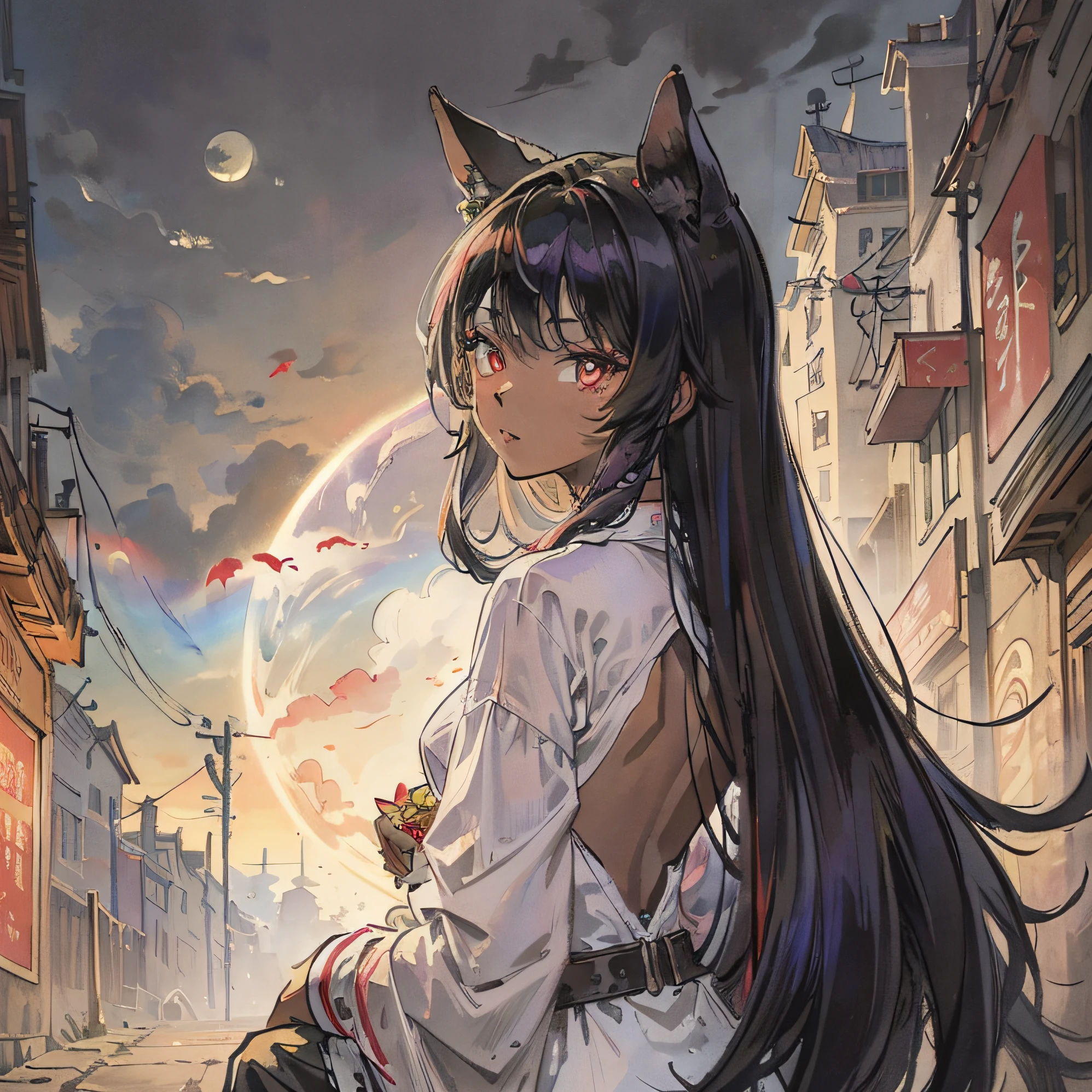 (top-quality、masterpiece)、A stunning、Take a cute cat、(rainbow-colored hair)、(Long hair)、fullmoon、backstreet, (Black skin tone), red eyes,