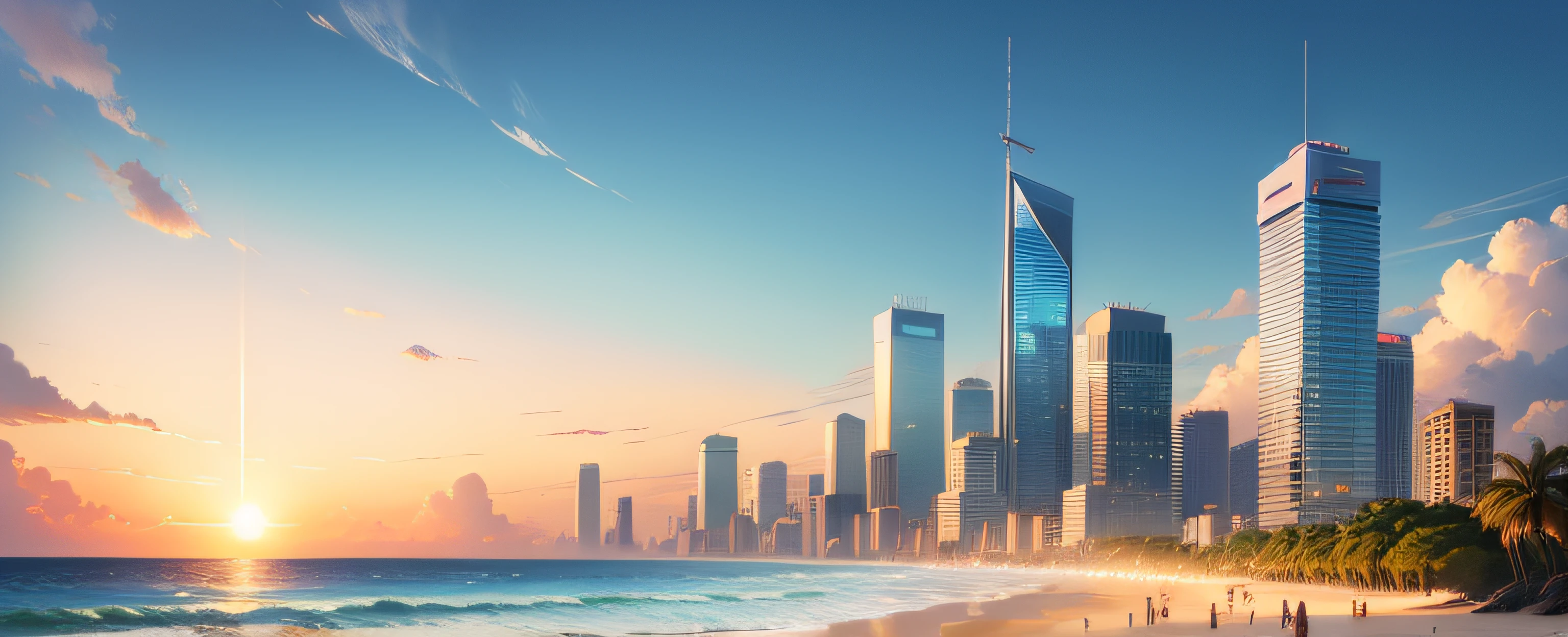 anime scenery,author:Shinkai sincerely ,City, Skyscrapers , Beach , Summer , Umbrella , Sky , Day, , Sun , Breeze