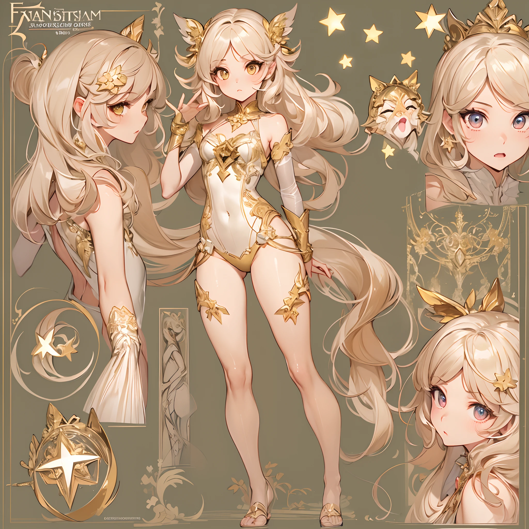 ((Masterpiece, Highest quality)), Detailed face, CharacterDesignSheet, full bodyesbian, Full of details, Multiple poses and expressions, Highly detailed, Depth, Many parts,beuaty girl,summoning,golden colored,estilo fantasia,lacepantyhose,Extremely beautiful,High Balance, Natural light,Star decoration,pets