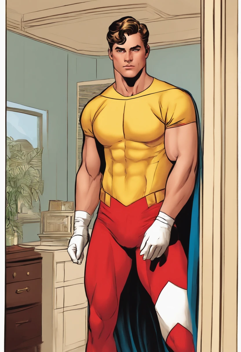 Junior male superhero standing in room in crimson panties and off-white socks