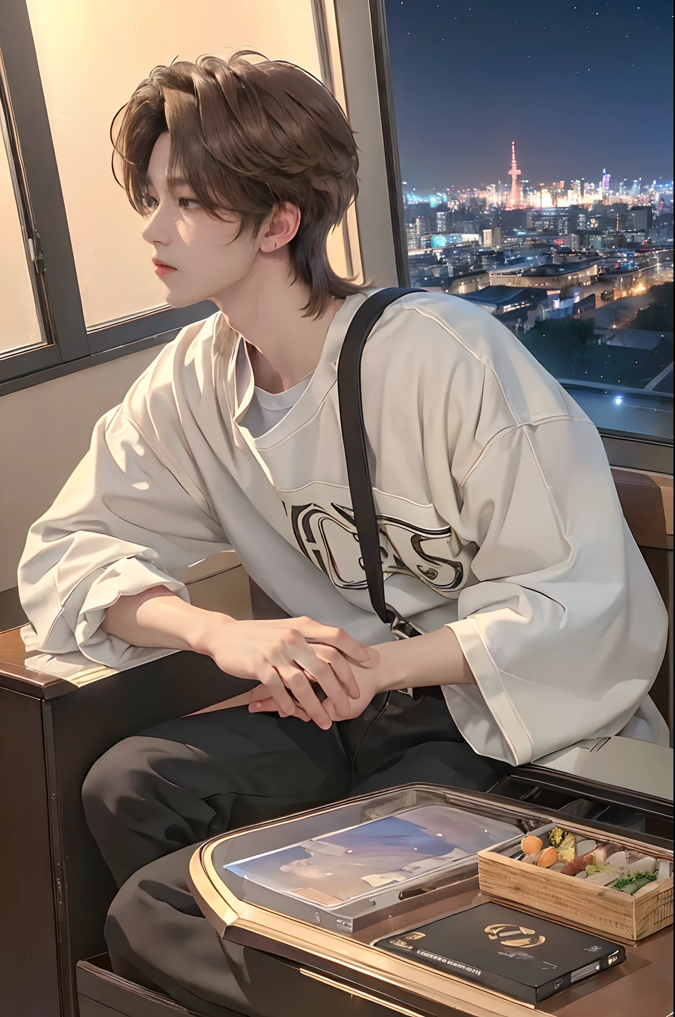 ((4K))、​masterpiece、（top-quality)、((high-level image quality))、One Manly Boy、((Fashionable men's personal wear))、(Detailed beautiful eyes)、Stylish homeroom at night with a view of the night sky from the window、Sitting in a gaming chair in front of your PC during gameplay、Face similar to Chaewon in Ruseraphim、((short hair above the ears))、((Smaller face))、((Neutral face))、((Light brown eyes))、((Korean boy))、((18year old))、((Handsome man))、((Wild look))、((Korean Makeup))、((elongated and sharp eyes))、((During game streaming))、((Looking at the PC))、((shot from a side angle))、((Take a profile))