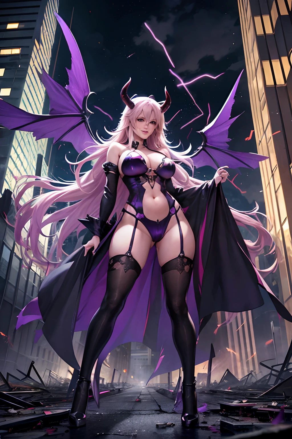 Stormy Daniels as a hyper-giant, Hyper-powerful demon with a demon horn on its head and demon wings, and throws purple lightning bolts at a building and breaks buildings , ville en ruine post apocalyptique,