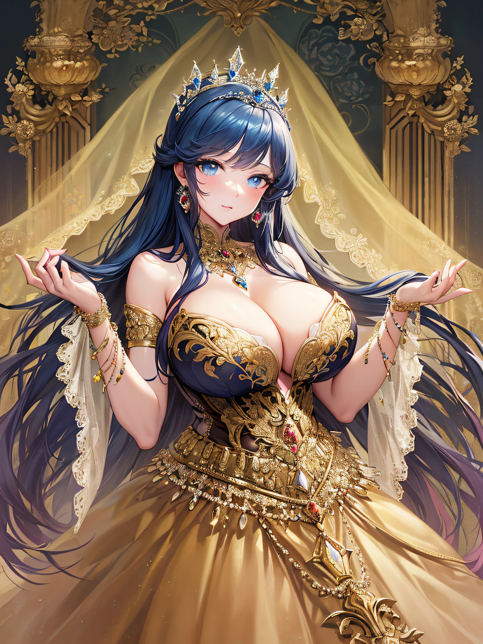 (masterpiece, best quality,extremely detailed:1.1),(moe anime art style:1.3),1girl,((full body,focus face)),((solo)), cute, kawaii,digital art,((1 princess wearing beautiful embroidery and jeweled gorgeous princess rococo ballgown with voluminous full length hoop skirt)),((crinoline)),long train,voluminous frills,See-through,(gorgeous embroidery and beautiful lace),(((gigantic tits))),skindentation,cleavage,shiny hair,(((very long hair,very long straight hair))),((finely detailed face and eyes)),clear pupil,extremely gorgeousfull hair ornament,(bling-bling jeweled extremely gorgeousfull tiara),(bling-bling gorgeous gemstone jewelry),long veil,(beautiful background),full body,((beautiful embroidery and jeweled gorgeous princess rococo ballgown with voluminous full length hoop skirt))