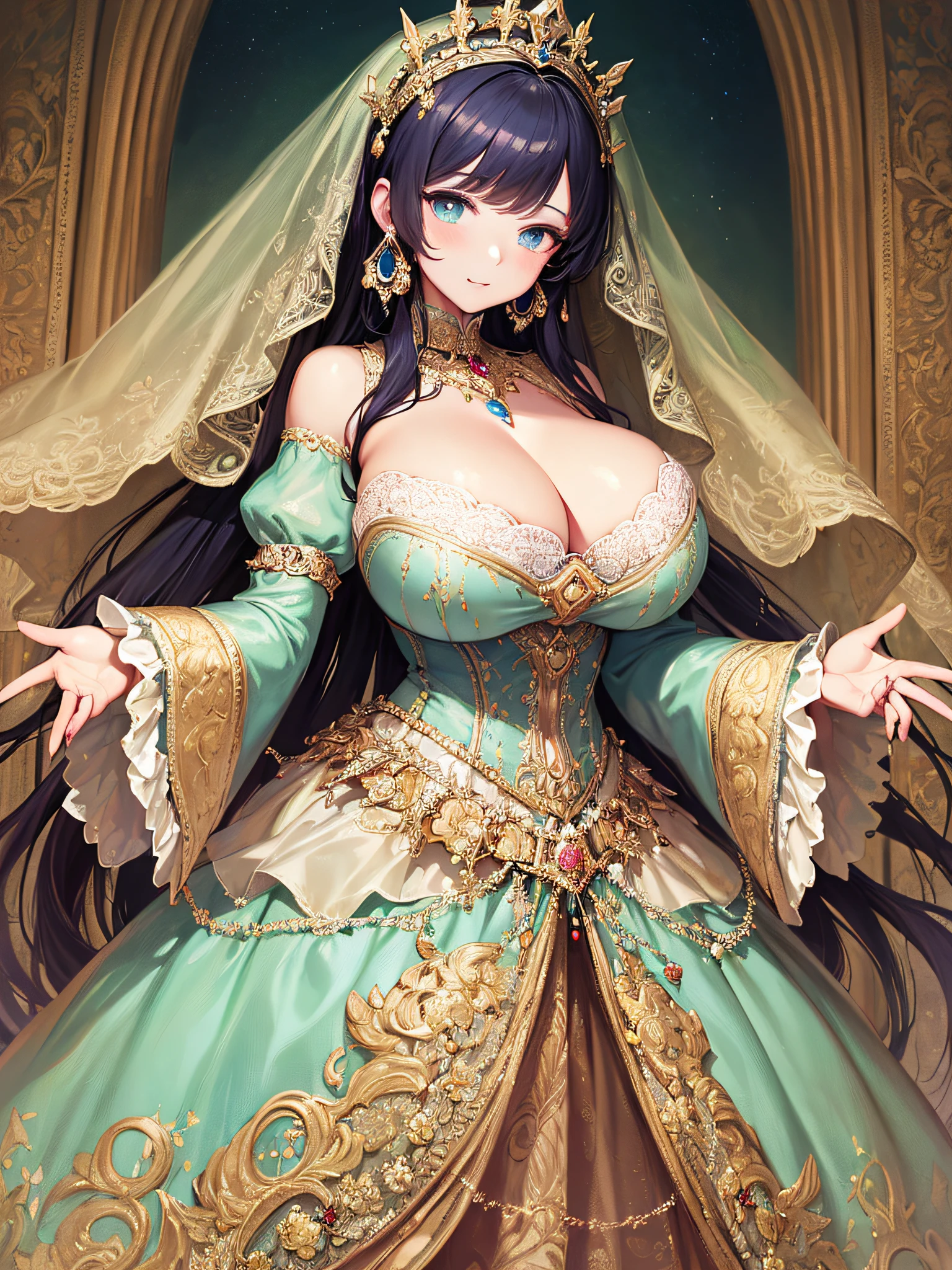 (masterpiece, best quality,extremely detailed:1.1),(moe anime art style:1.3),1girl,((full body,focus face)),((solo)), cute, kawaii,digital art,((1 princess wearing beautiful embroidery and jeweled gorgeous princess rococo ballgown with voluminous full length hoop skirt)),((crinoline)),long train,voluminous frills,See-through,(gorgeous embroidery and beautiful lace),(((gigantic tits))),skindentation,cleavage,shiny hair,(((very long hair,very long straight hair))),((finely detailed face and eyes)),clear pupil,extremely gorgeousfull hair ornament,(bling-bling jeweled extremely gorgeousfull tiara),(bling-bling gorgeous gemstone jewelry),long veil,(beautiful background),full body,((beautiful embroidery and jeweled gorgeous princess rococo ballgown with voluminous full length hoop skirt))