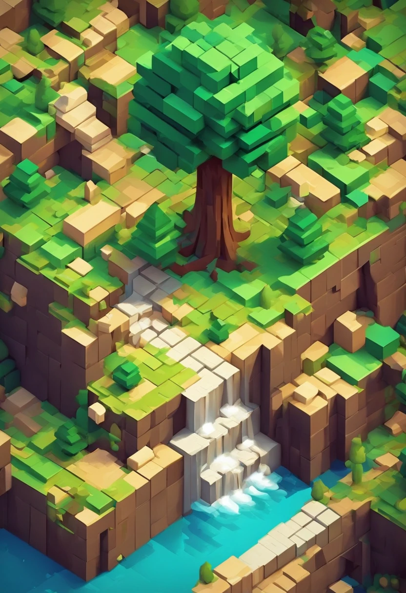 (best quality, fantasy, isometric, voxel art:1.2), absurd, tree, stone wall, (minimally designed background:1.2)