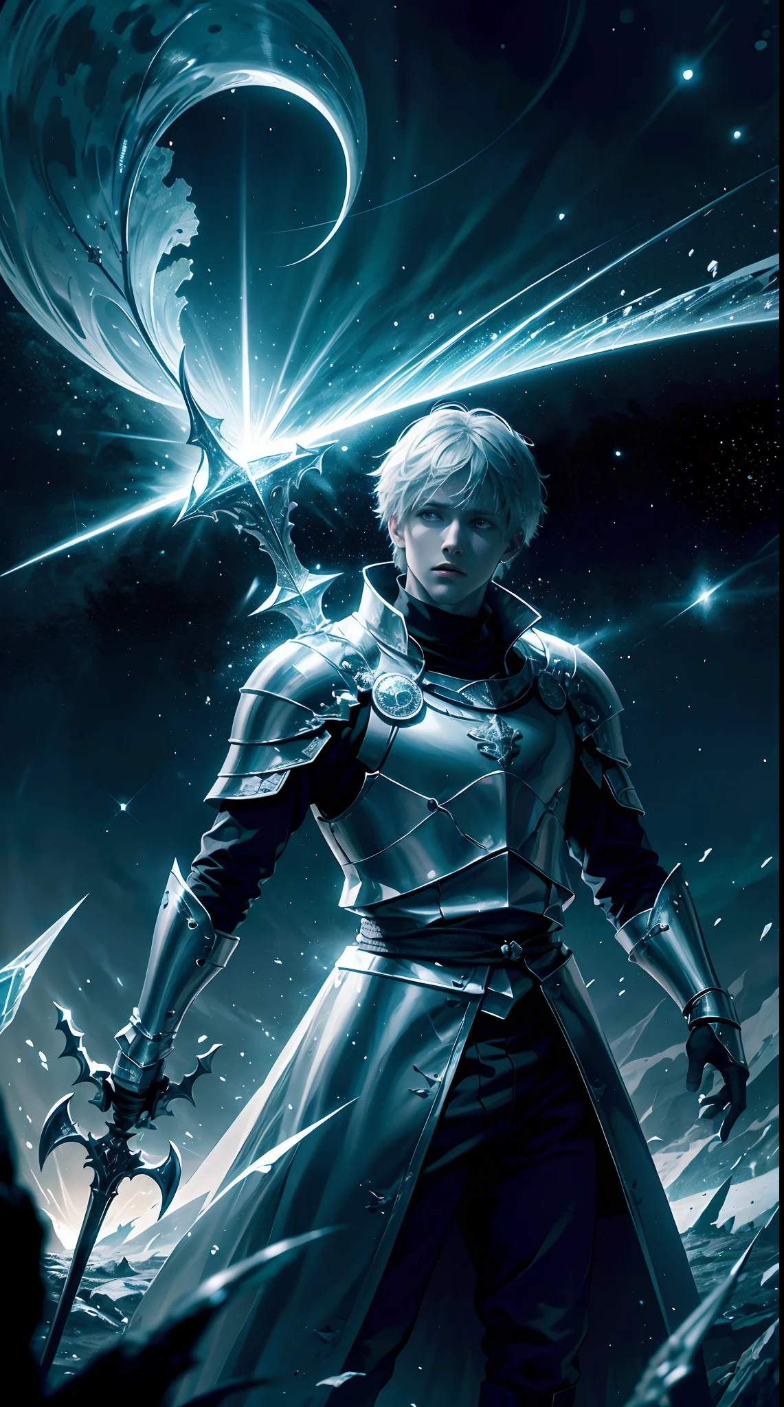 King Arthur Pendragon pulled out the sword Excailibur which was stuck in a stone, beside King Arthur stood members of the 10 knights of the round table, Interstellar black hole background, Lightning effects the atmosphere, HD lighting and dark )<=(epic image quality)(many effects particel in background)