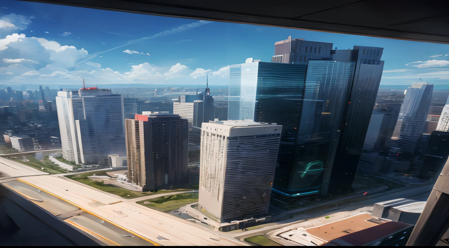 an image that depicts a scene from a futuristic Earth. The perspective of this image is from a human standing on the 90th floor gallery of a skyscraper. This person is looking out over a wide view of the city.The time depicted in the image is around 4-5 PM during the day. The weather is clear, and the sun is shining through the clouds, casting light over the city.The city itself is filled with high-tech skyscrapers. These aren’t just cold, steel structures though - they’re connected with nature, creating a harmonious blend of advanced technology and natural beauty.