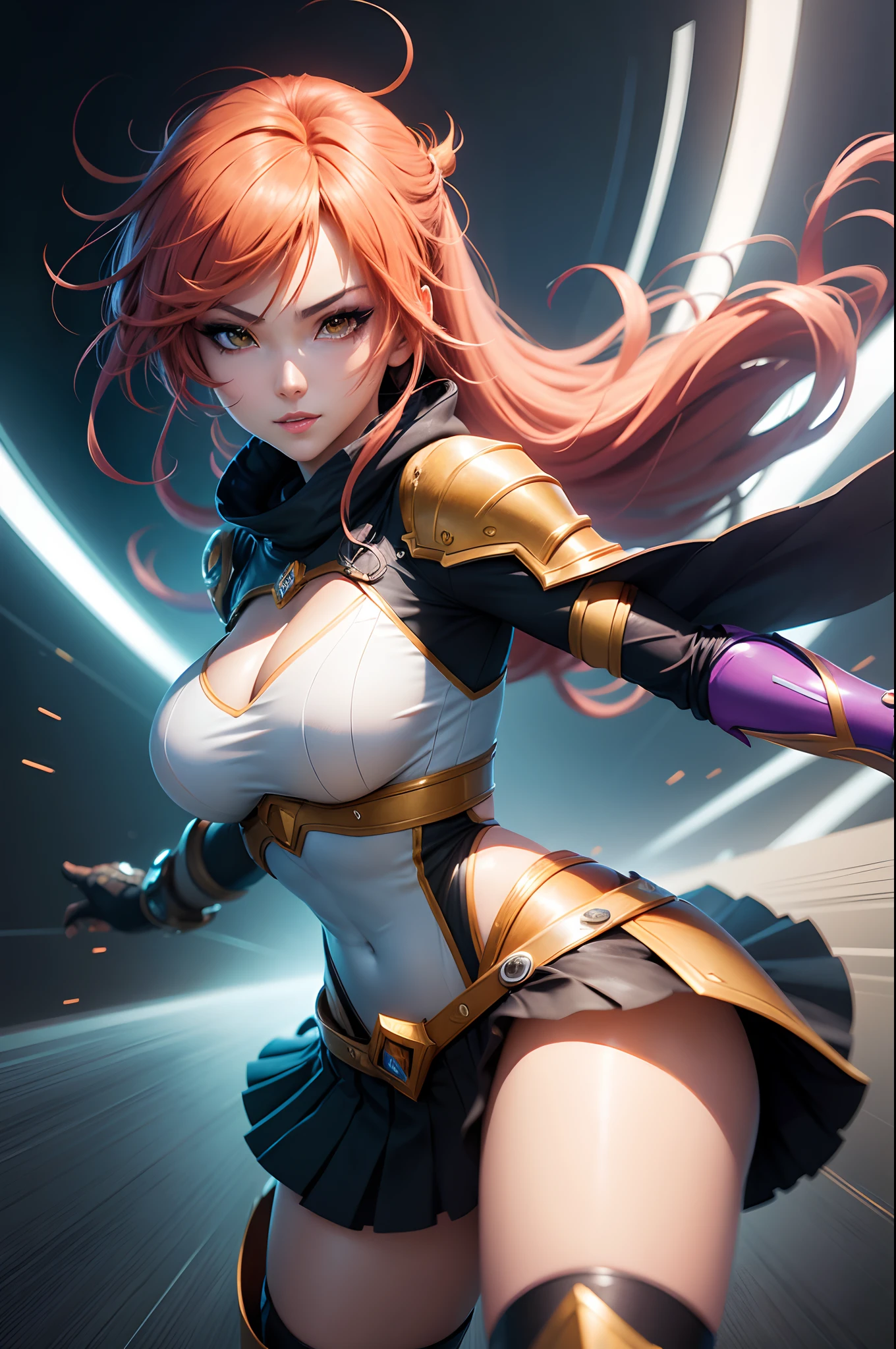 Female anime character, Leona, from the game League of Legends, LOL, POV, artistic battle stance, anime outfit, makeup, subtle smile, dilated pupils, ultra-high detail, glow, social media composition, motion lines, surrealism, UHD, masterpiece, anatomically correct, super detailed, Granted, top quality