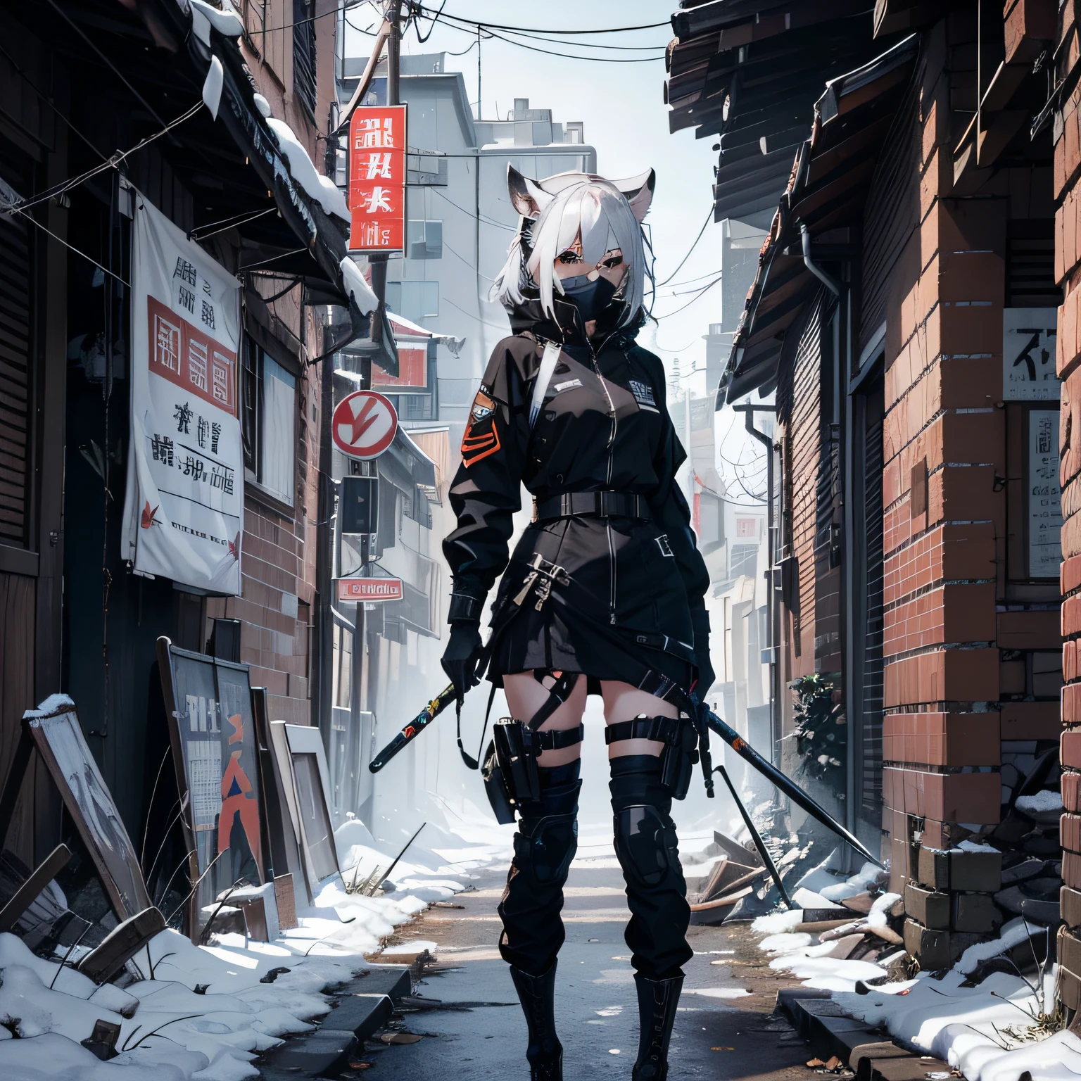 This is a hyper-detail、High resolution and top quality CG Unity 8k wallpaper，The style is cyberpunk，It is mainly silvery-white。A stunning Snow Fox woman takes center stage. Furry white fox tails and delicate snow fox ears grow on the back，s delicate face，Wearing a steam mech mask，standing on ruins，The movement of a woman holding a long scythe in her hand，
，(Strong female soldiers)、1 female 1 robot、(Black combat uniform)、(platinum blond hair:1.2)、Has a wide variety of weapons、Walk through the rubble、((超A high resolution))、Write in detail、tmasterpiece、top-quality、extremaly detailed cg、8K picture quality、Cinematography lighting、lense flares、(Night battle)、((From the inside of the building to the exterior))、Hyper-detailing、Android wreckage、cow boy shot:1.4、From above the diagonal turn to look good、When I'm running、(dynamic ungle:1.4)