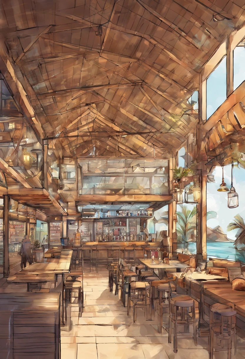 Develop an architectural design proposal for a beer hall where the main highlight is the balcony built inside a Kombi. The design is expected to incorporate an outdoor space on the sand with wooden tables to accommodate customers who want to enjoy their drinks and snacks.