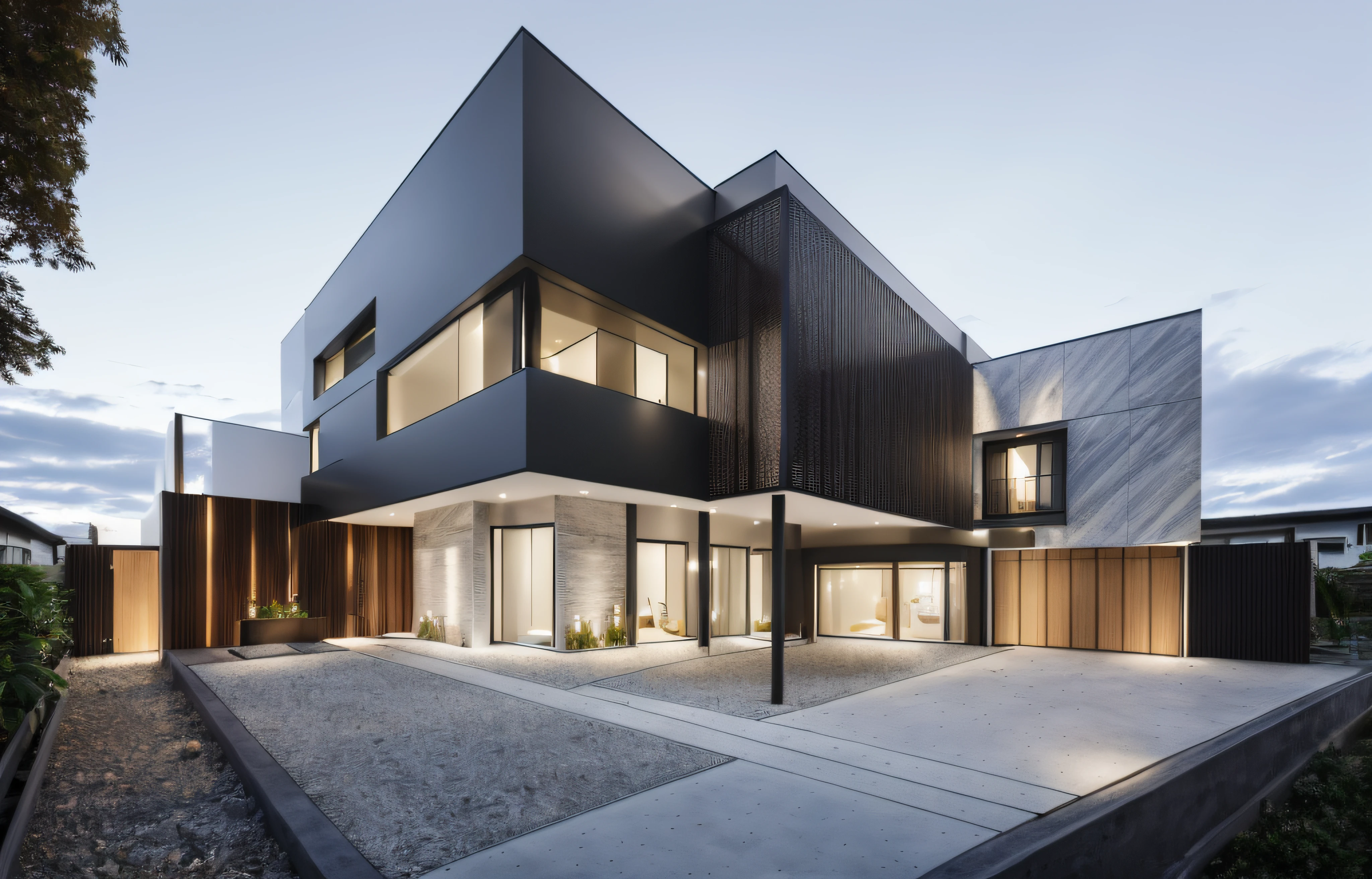 a view of a modern home with a large front yard, main material by white wall and stone and wood, 1 road runs in front of the house, (RAW photo, real, best quality, masterpiece:1.2), look morden minimalist, 1 road in front of the house, shime ring light, light brighteness from indoor:1.2, dynamic lighting:1.3, (hyper realistic, photo-realistic:1.2), high quality, day lighht, hight contrast :0.5 perfect lighting, archdaily, award winning contemporary, contemporary masterpiece, well-designed masterpiece, large modern residence, neotraditional modern, wide angle exterior 2022, midcentury modern, contemporary house, hip modern vibe, a long-shot from front, award winning modern design, stunning lines, residential, subtle detailing