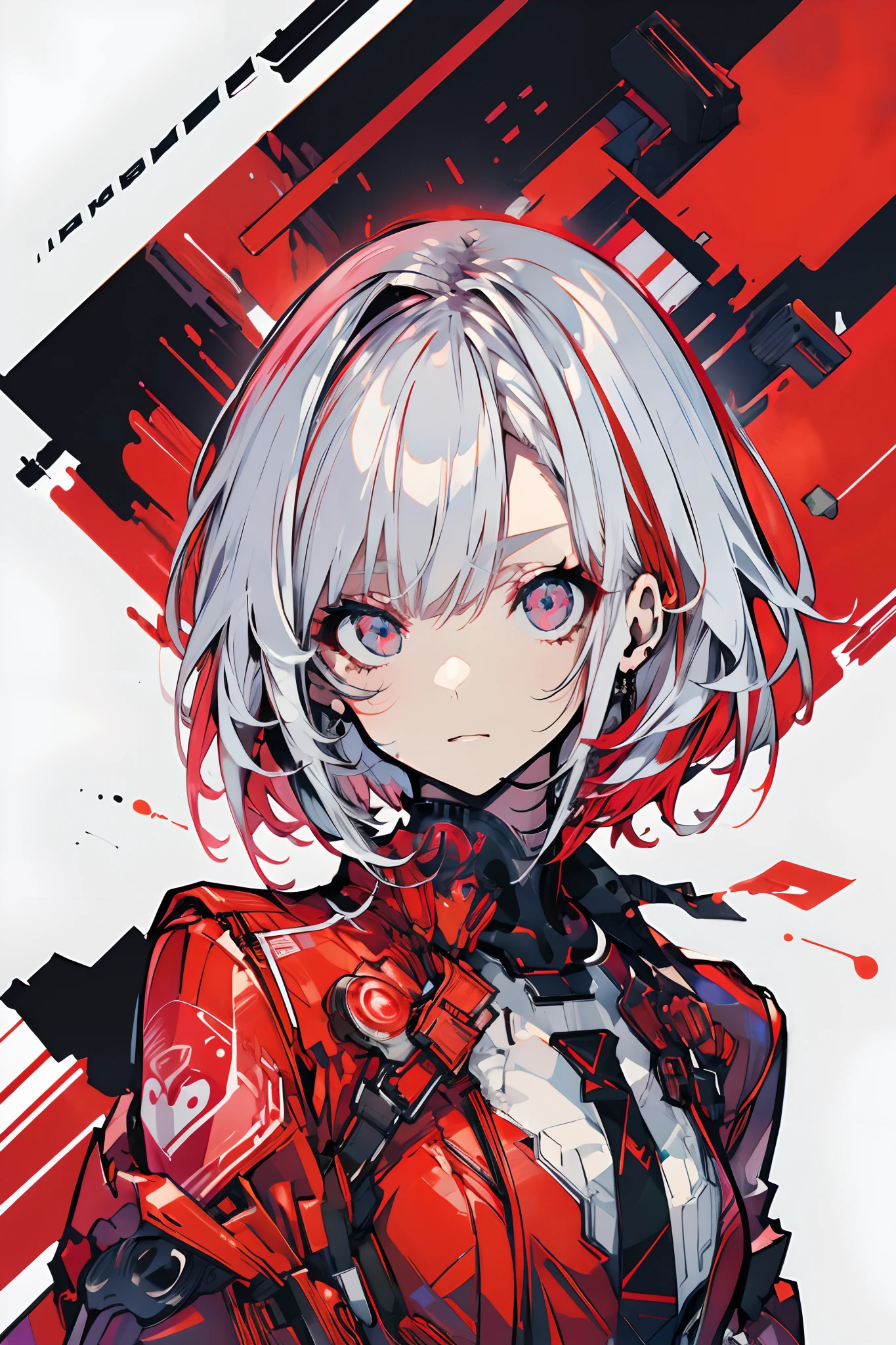 (Midjourney style),  (Best illustrative quality 8k) (red suit),  head slightly tilted,  ((short white hair)),  red dress,  neon lighting,  eye details,  face details,  background details,  medium haul,  detailed hands,  full body,  great detail,  perfect legs