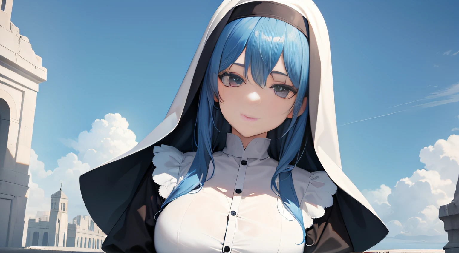 masterpiece, high definition 4k, 1girl, proper clothing, nun outfit with white shirt, elegant, lady, mature, tall woman, (Topaz blue hair: 1.2), ruins, sky, detailed face, cute face, detailed hair