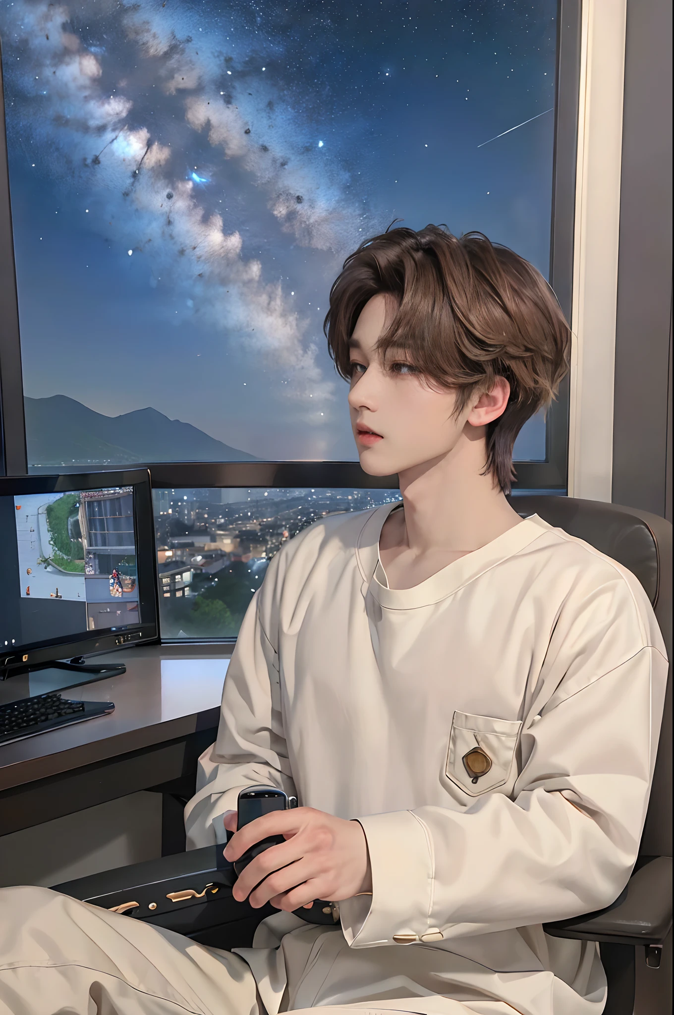 ((4K))、masterpiece、(top-quality)、((high-level image quality))、One Manly Boy、((Fashionable men's personal wear))、(Detailed beautiful eyes)、Stylish homeroom at night with a view of the night sky from the window、Sit in a gaming chair in front of your PC during gameplay、Face similar to Chaewon in Ruseraphim、((short hair above the ears))、((Smaller face))、((Neutral face))、((Light brown eyes))、((Korean boy))、((18year old))、((Handsome man))、((Wild look))、((Korean Makeup))、((elongated and sharp eyes))、((During game streaming))、((Looking at the PC))、((Shooting the upper body from the side))、((Take a profile of him))