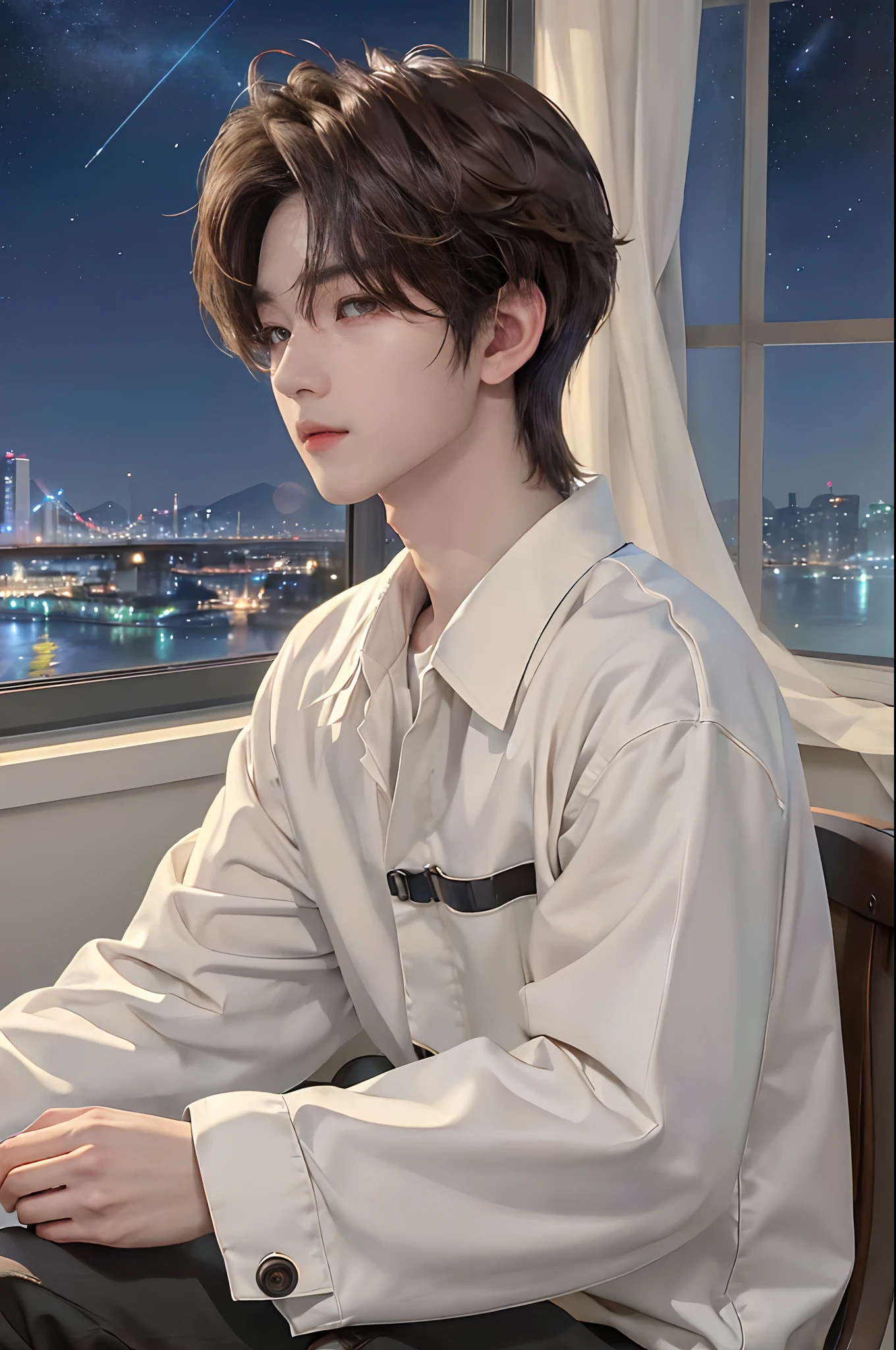 ((4K))、masterpiece、(top-quality)、((high-level image quality))、One Manly Boy、((Fashionable men's personal wear))、(Detailed beautiful eyes)、Stylish homeroom at night with a view of the night sky from the window、Sit in a gaming chair in front of your PC during gameplay、Face similar to Chaewon in Ruseraphim、((short hair above the ears))、((Smaller face))、((Neutral face))、((Light brown eyes))、((Korean boy))、((18year old))、((Handsome man))、((Wild look))、((Korean Makeup))、((elongated and sharp eyes))、((During game streaming))、((Looking at the PC))、((Shooting the upper body from the side))、((Take a profile of him))