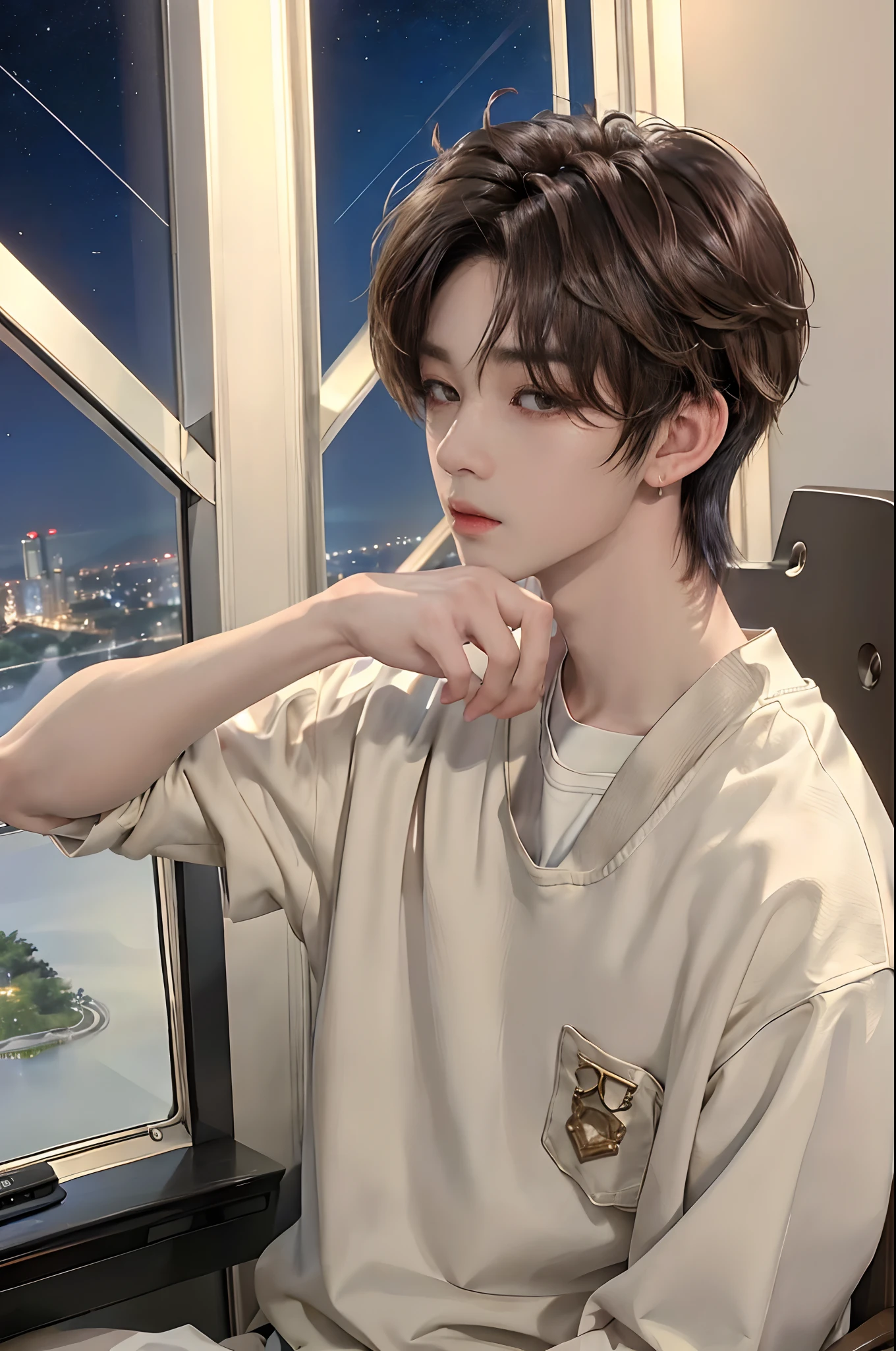 ((4K))、masterpiece、(top-quality)、((high-level image quality))、One Manly Boy、((Fashionable men's personal wear))、(Detailed beautiful eyes)、Stylish homeroom at night with a view of the night sky from the window、Sit in a gaming chair in front of your PC during gameplay、Face similar to Chaewon in Ruseraphim、((short hair above the ears))、((Smaller face))、((Neutral face))、((Light brown eyes))、((Korean boy))、((18year old))、((Handsome man))、((Wild look))、((Korean Makeup))、((elongated and sharp eyes))、((During game streaming))、((Looking at the PC))、((Shooting the upper body from the side))、((Take a profile of him))
