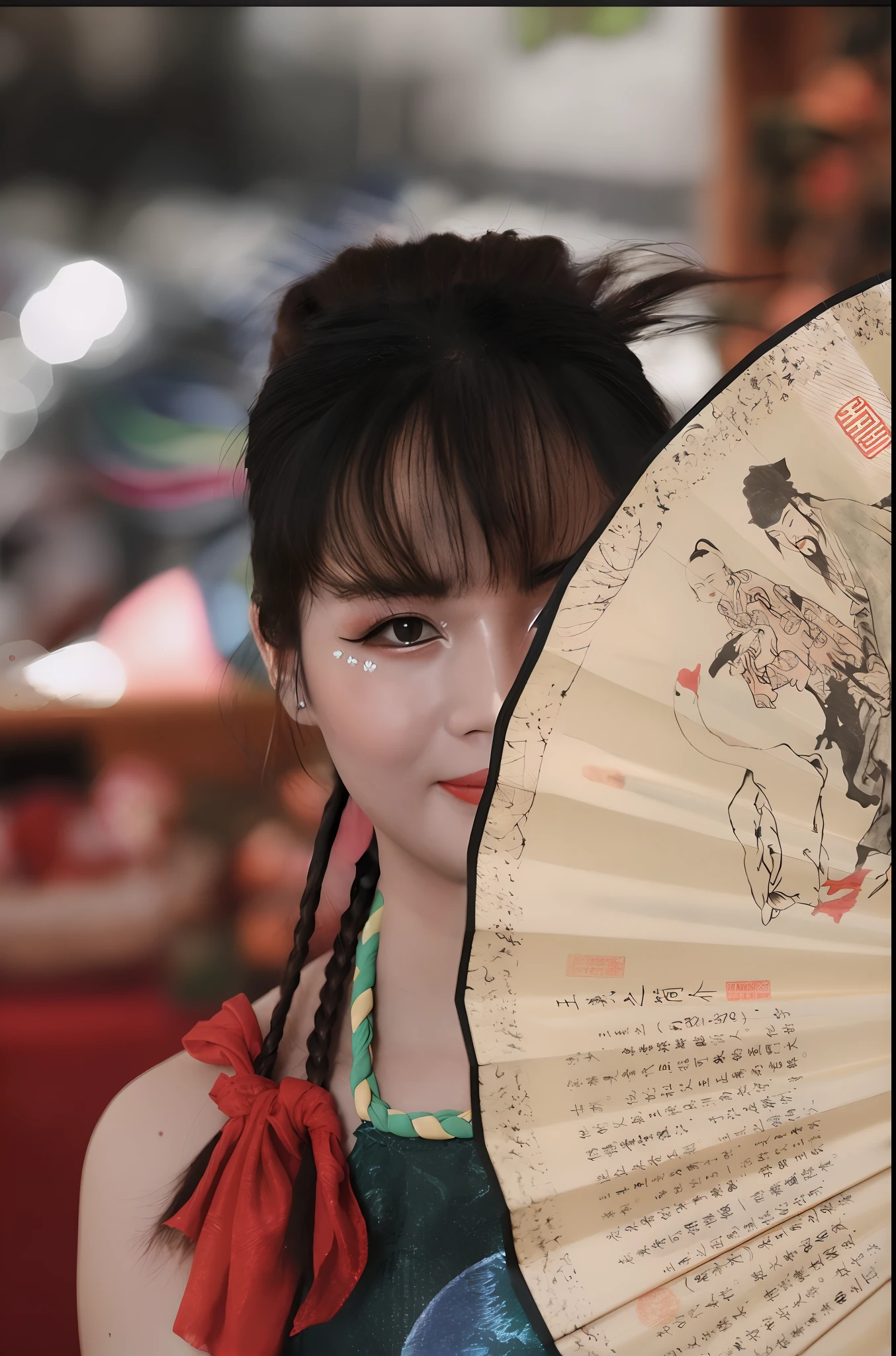 araffe woman with a fan and a necklace holding a fan, chinese girl, chinese woman, traditional chinese, detailed face of a asian girl, palace , a girl in hanfu, wearing ancient chinese clothes, chinese artist, inspired by Wu Bin, chinese painting style, inspired by Gong Xian, traditional chinese clothing, chinese style, hanfu, a young asian woman
