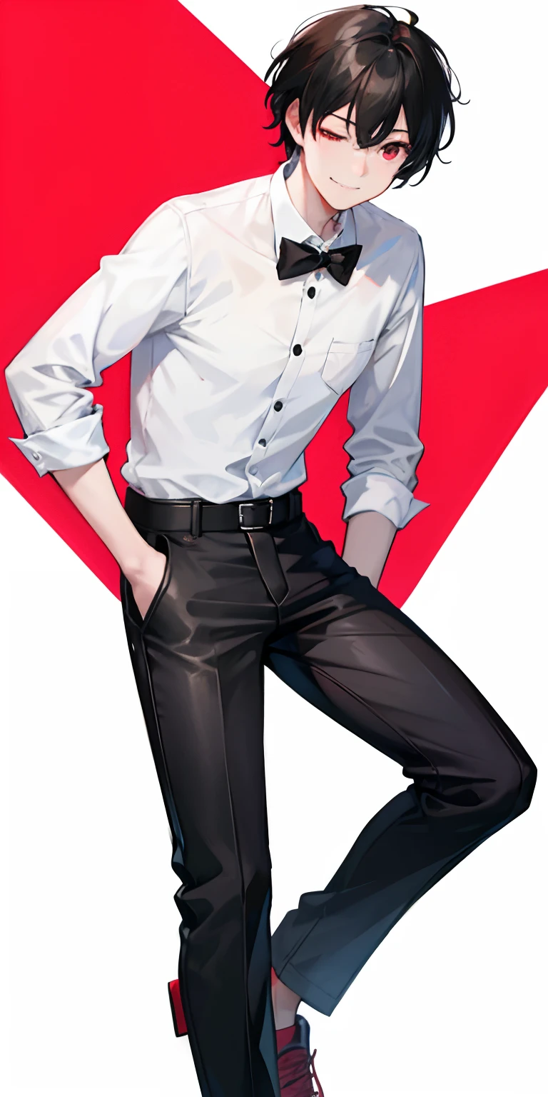 1boy, young, black hair, red eyes, one eye closed, two block haircut, black bowties, white plain shirt, black jeans, cool boy, HD, hands in pockets, villain Smile, fight, strong