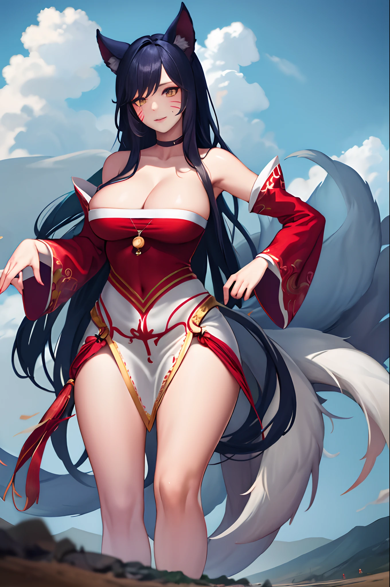 masterpiece, best quality, highres, giantess, ah1, facial mark, multiple tails, fox tails, korean clothes, cleavage, bare shoulders, detached sleeves, outdoors, standing, cowboy shot,