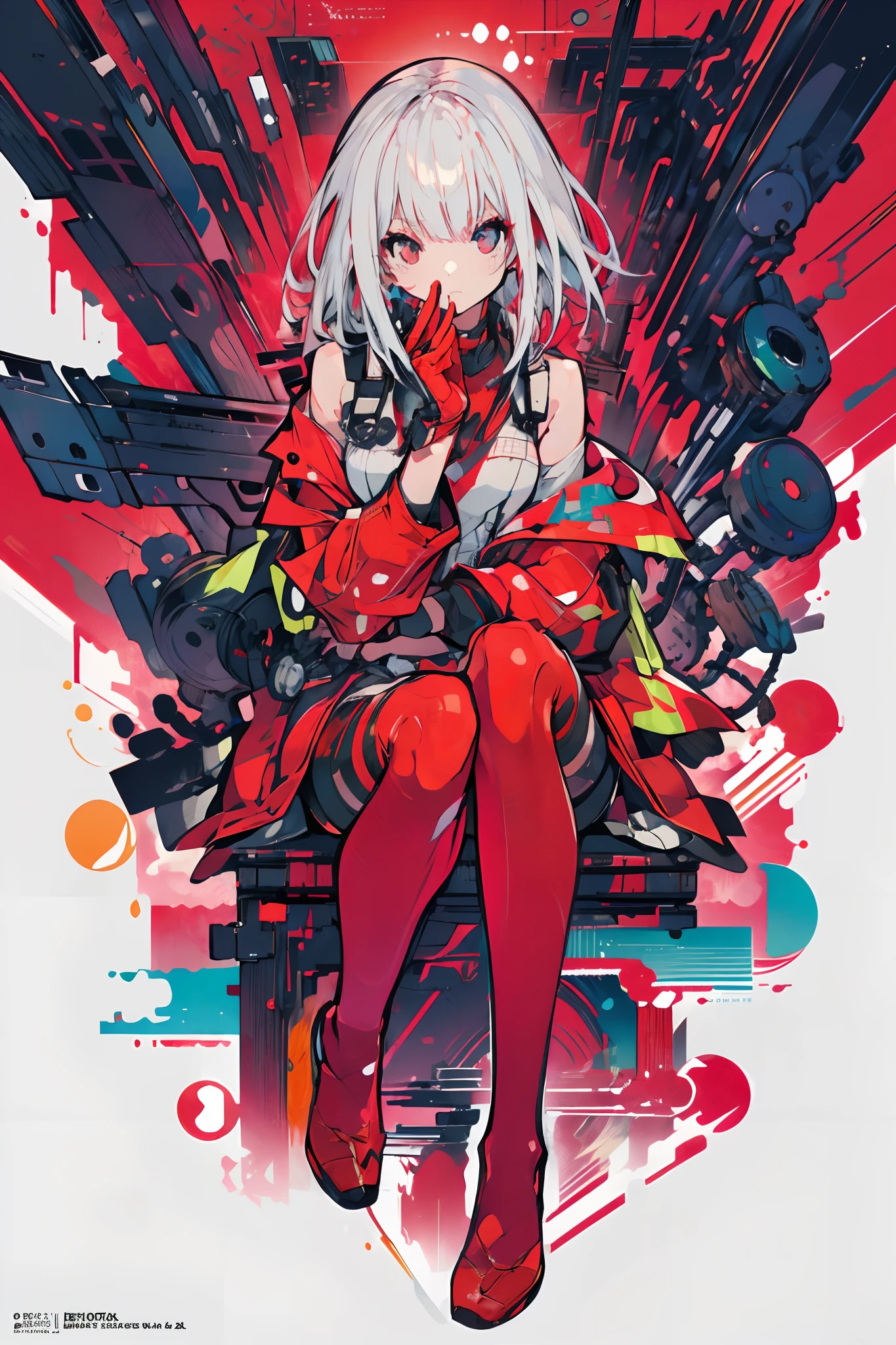 (Midjourney style),  (Best illustrative quality 8k) (red suit),  head slightly tilted,  ((short white hair)),  red dress,  neon lighting,  eye details,  face details,  background details,  medium haul,  detailed hands,  full body,  great detail,  perfect legs