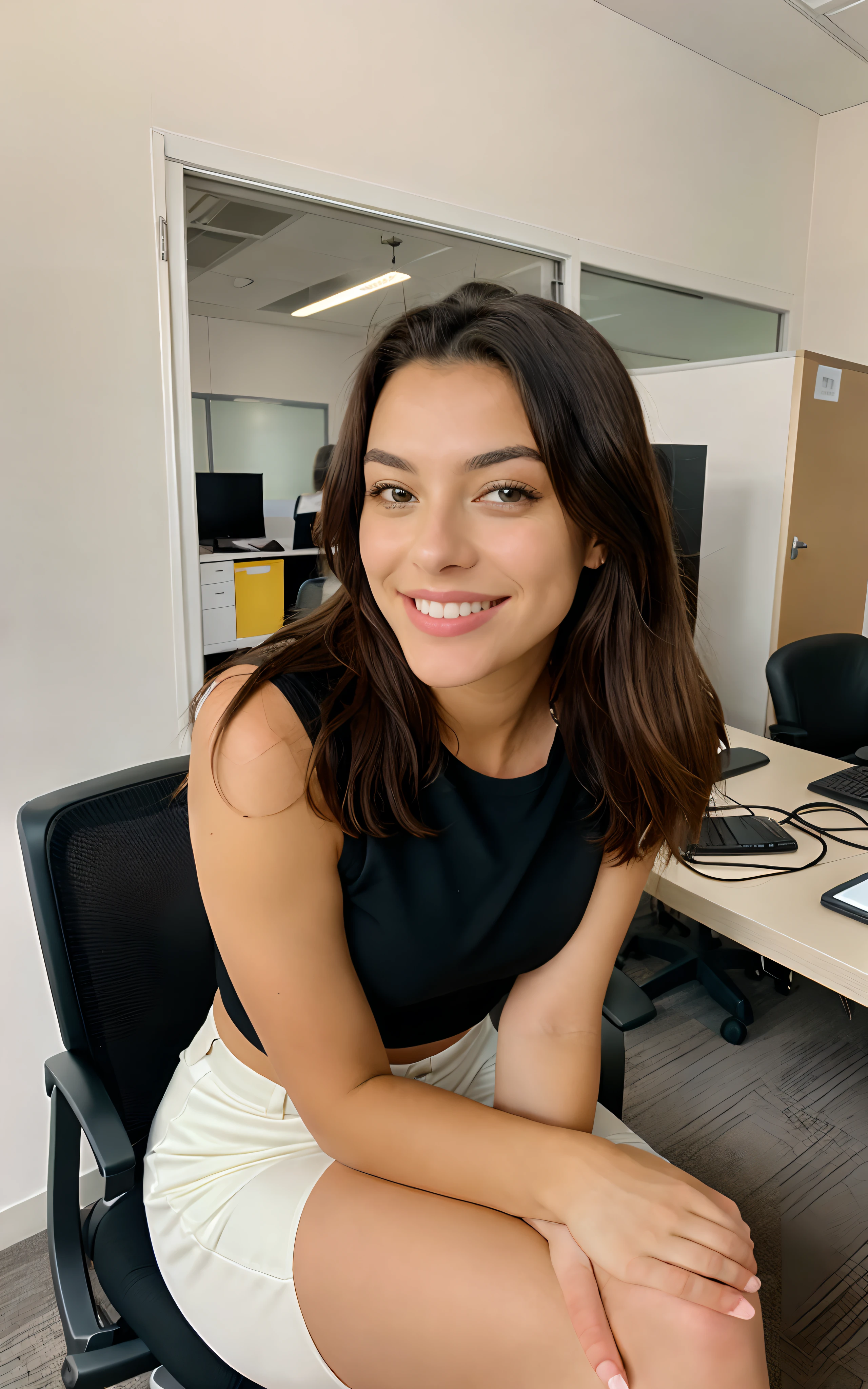 Kodak disposable camera photo of a beautiful female, smiling suggestively, sitting in an office