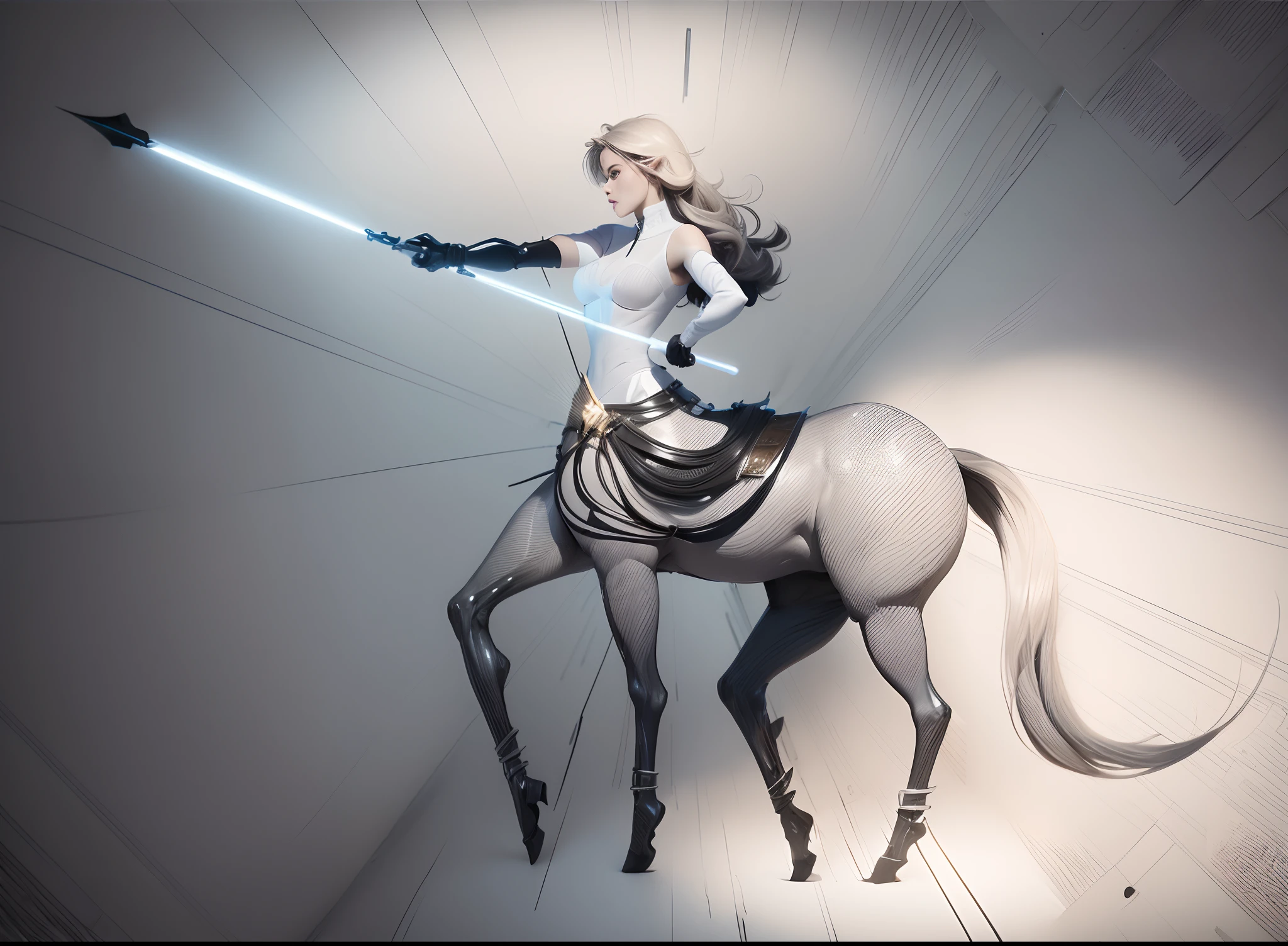 1 Centaur female holding spear line drawing,Line drawings,Plain white background,pencil drawing,Remove the background,Graphic design sense,Smooth black and white lines,Perfect curves,simple and clean lines,fluency,delicated face,No additional wiring is required,Perfect hand movements,Hold out five fingers,(high high quality)(volumettic light)