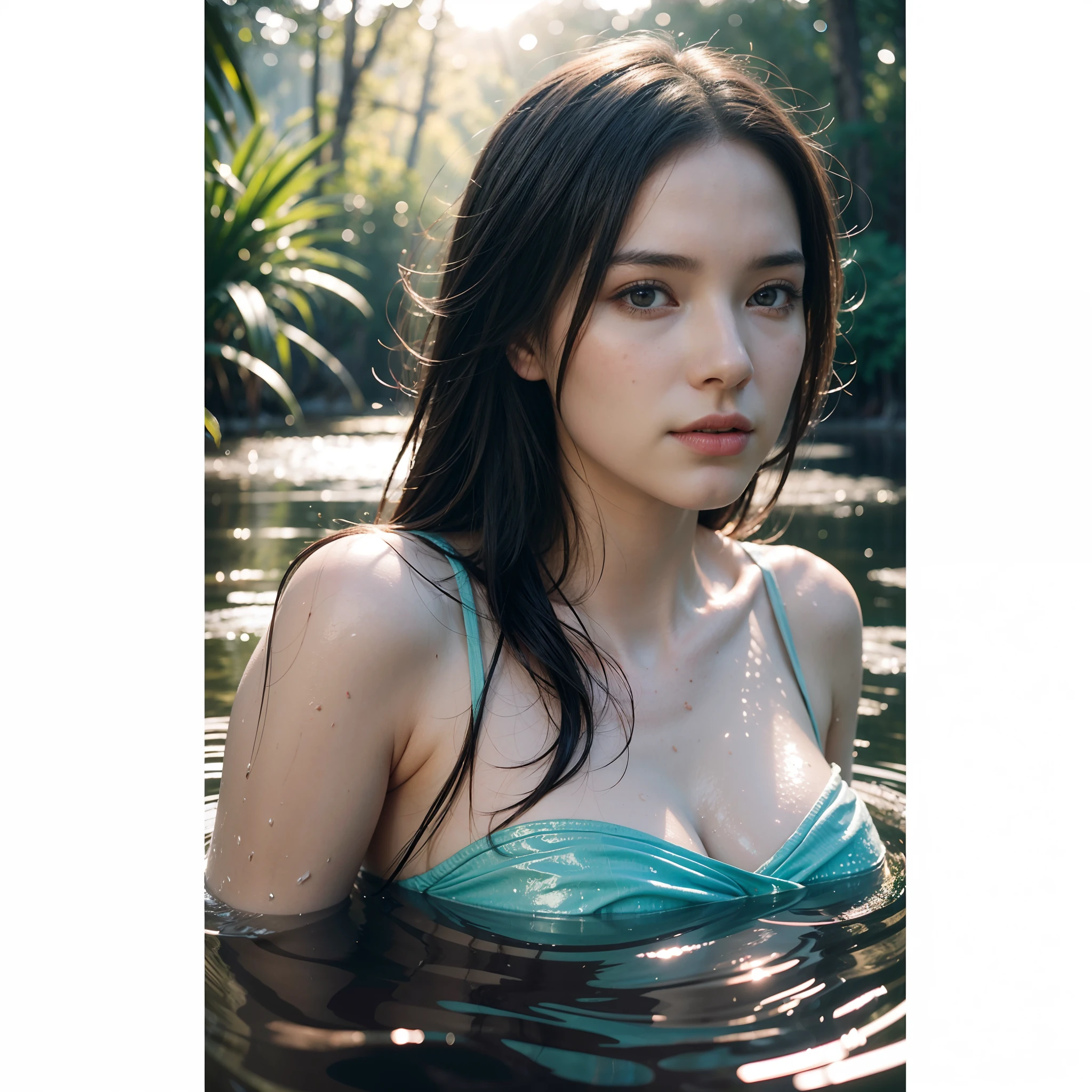 close up portrait of a cute woman (gldot) bathing in a river, reeds, (backlighting), realistic, masterpiece, highest quality, lens flare, shade, bloom, [[chromatic aberration]], by Jeremy Lipking, by Antonio J. Manzanedo, digital painting,