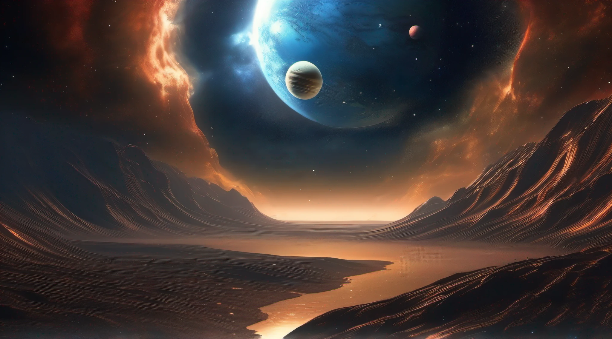 An epic journey through the Milky Way, with planets and stars of all shapes and sizes, illuminated by the beauty of a distant nebula ,H.R. Giger style, 8k