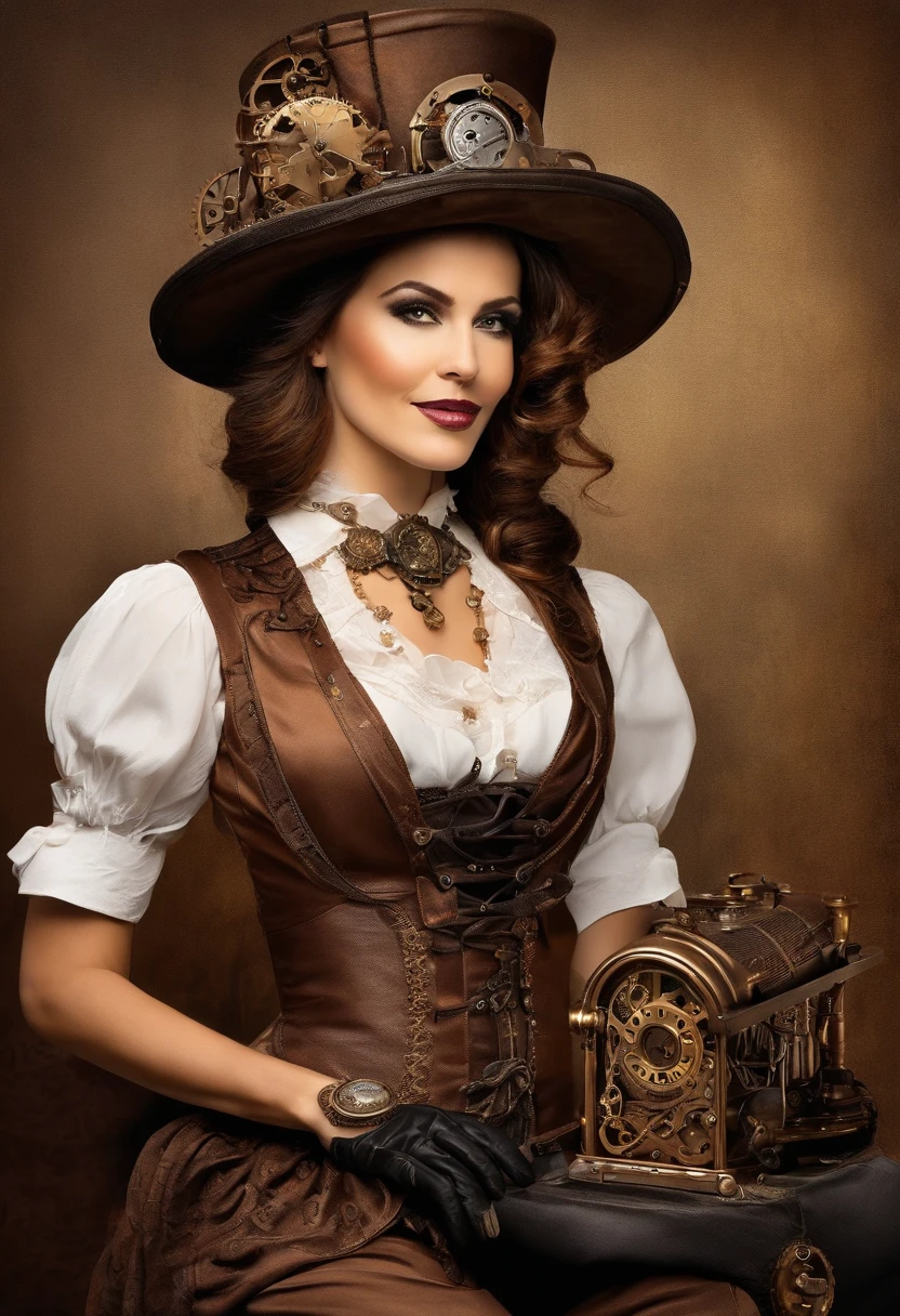 There's a woman wearing a Steam Punk hat and holding a DOG with jewelirs, Steampunk, usando trajes Steampunk, meninatora Steampunk, (Steampunk), ( Steampunk ), estilo Steampunk, Steam-punk, Steampunk Fiction, steampunk aesthetic, uma deusa Steampunk bonita, Steampunk mulher anime bonita, Steampunk, fantasia Steampunk, estilo de fantasia Steampunk, arte Steampunk, arte digital Steampunk, roupas Steampunk