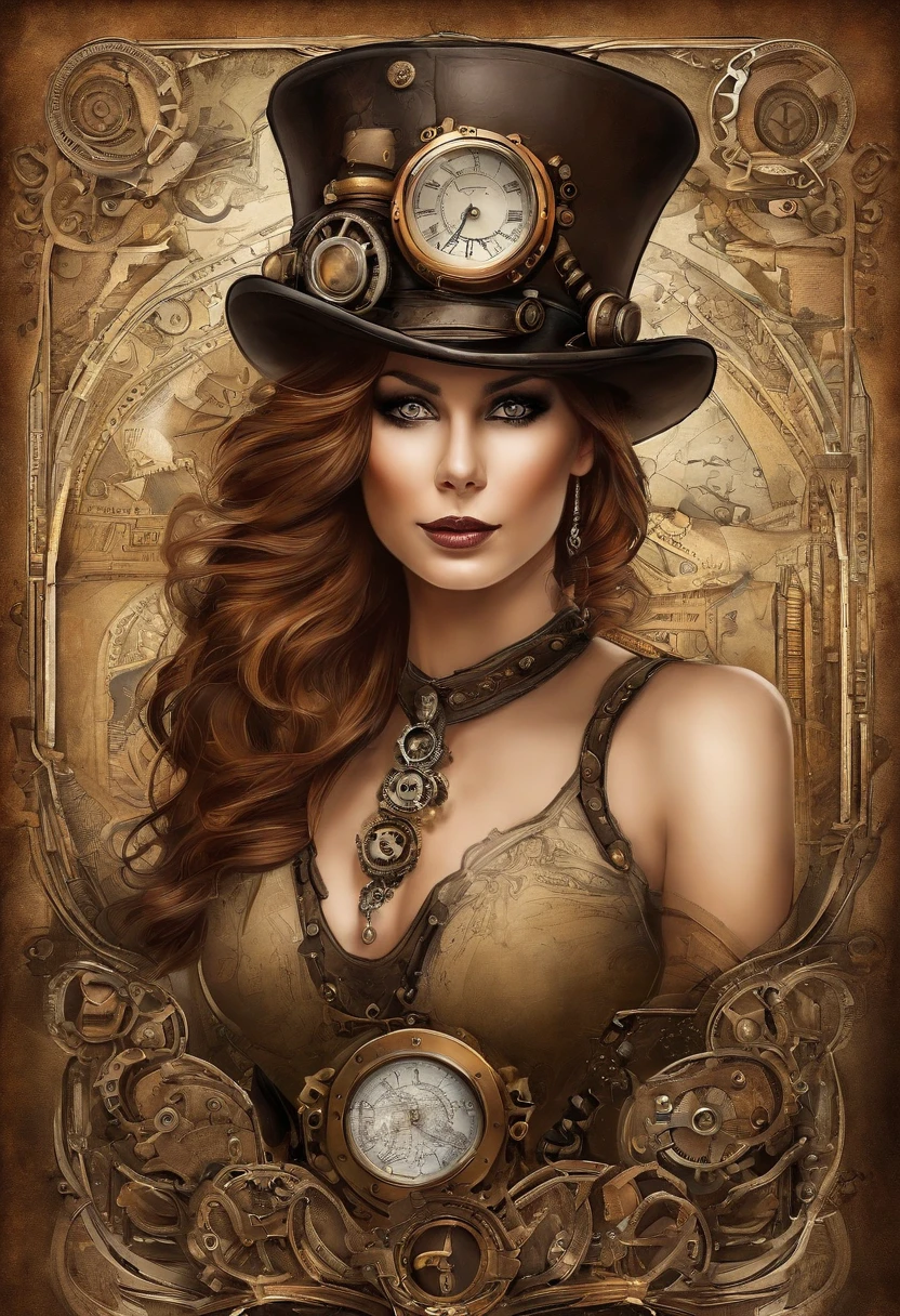 There's a woman wearing a Steam Punk hat and holding a DOG with jewelirs, menina Steampunk, usando trajes Steampunk, menina inventora Steampunk, (Steampunk), ( Steampunk ), estilo Steampunk, Steam-punk, Steampunk Fiction, steampunk aesthetic, uma deusa Steampunk bonita, Steampunk mulher anime bonita, Steampunk, fantasia Steampunk, estilo de fantasia Steampunk, arte Steampunk, arte digital Steampunk, roupas Steampunk