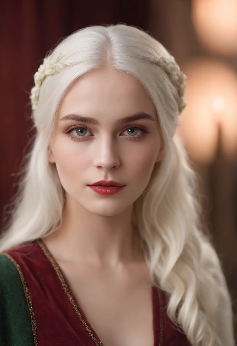 (((a deep reddish wound crosses her left cheek))) fair complexion, woman around 19 years old, natural white hair, distinctive green eyes, wearing kohl, slender and graceful, beautiful, candlelight in a medieval setting, ultra sharp focus, realistic shot, medieval female clothes, tetradic colors (scar:1.4)