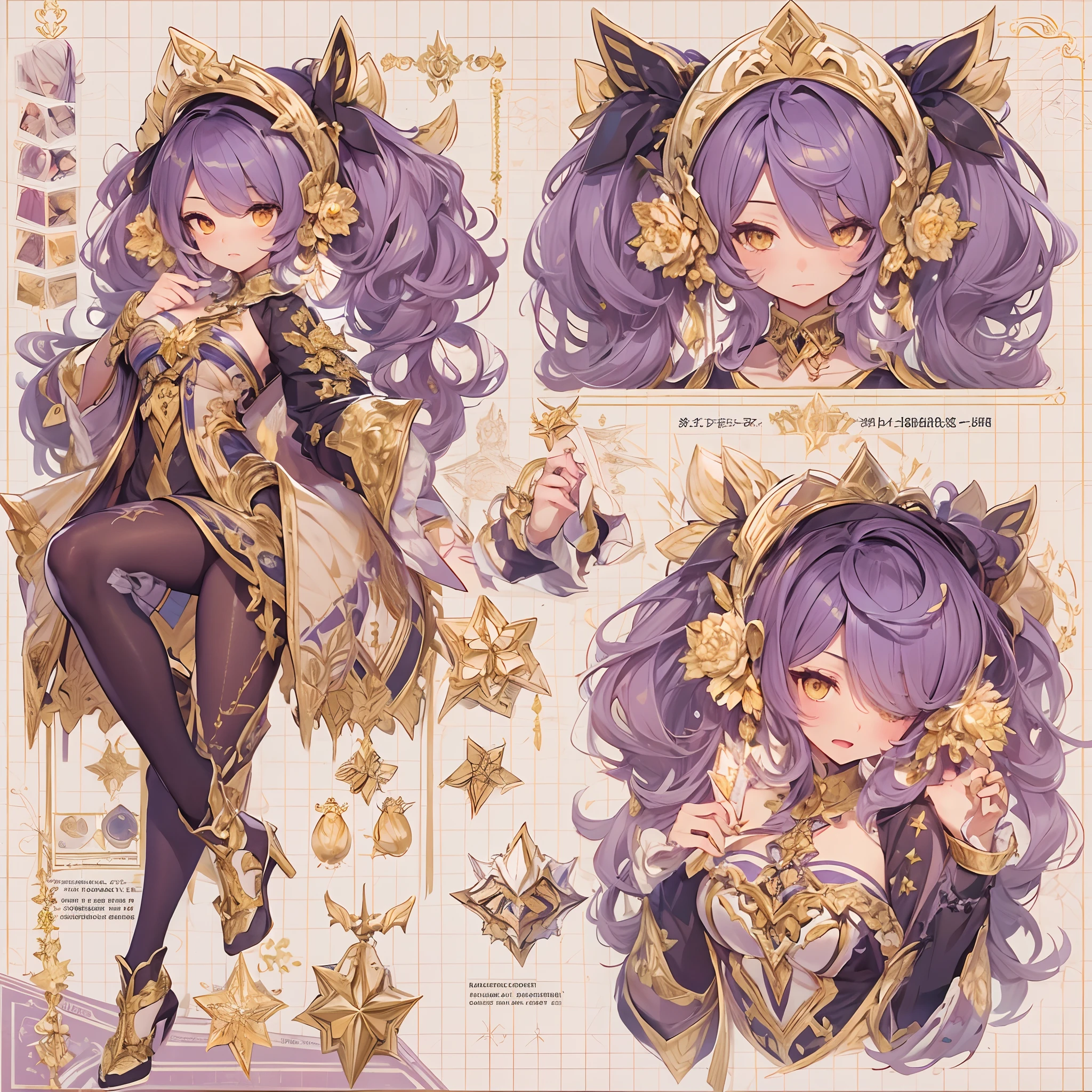 ((Masterpiece, Highest quality)), Detailed face, CharacterDesignSheet， full bodyesbian, Full of details, Multiple poses and expressions, Highly detailed, Depth, Many parts，beuaty girl，summoning，golden colored，estilo fantasia，lacepantyhose，Extremely beautiful，High Balance, Natural light,Star decoration，pets