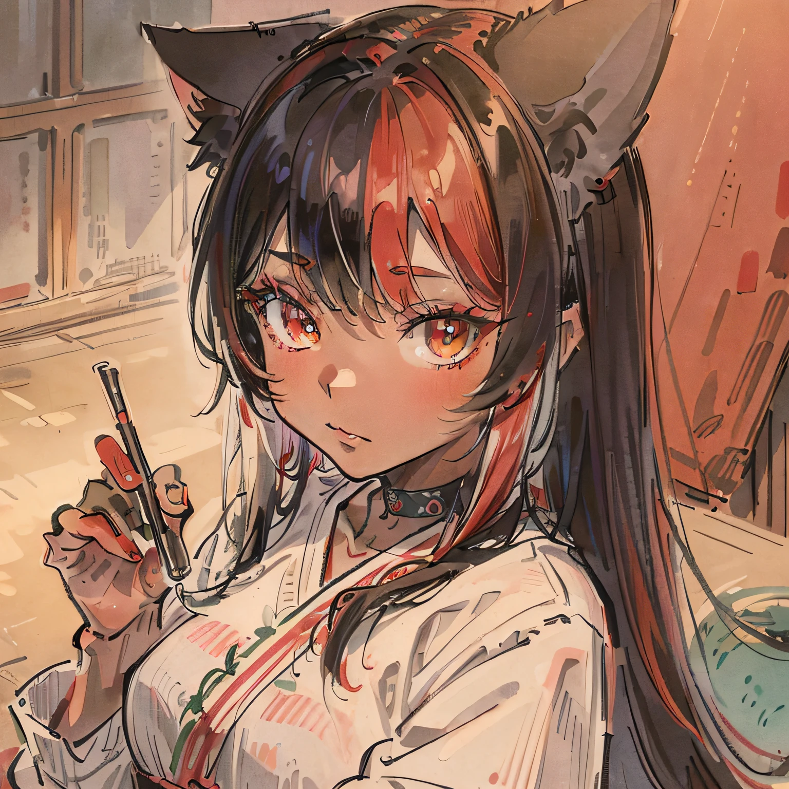 ((Best quality1.2))、((masterpiece))、((doress))、rot((rainbow-colored hair))、((Take a cute cat 1.5))、((red eyes)), ((Black skin tone)),