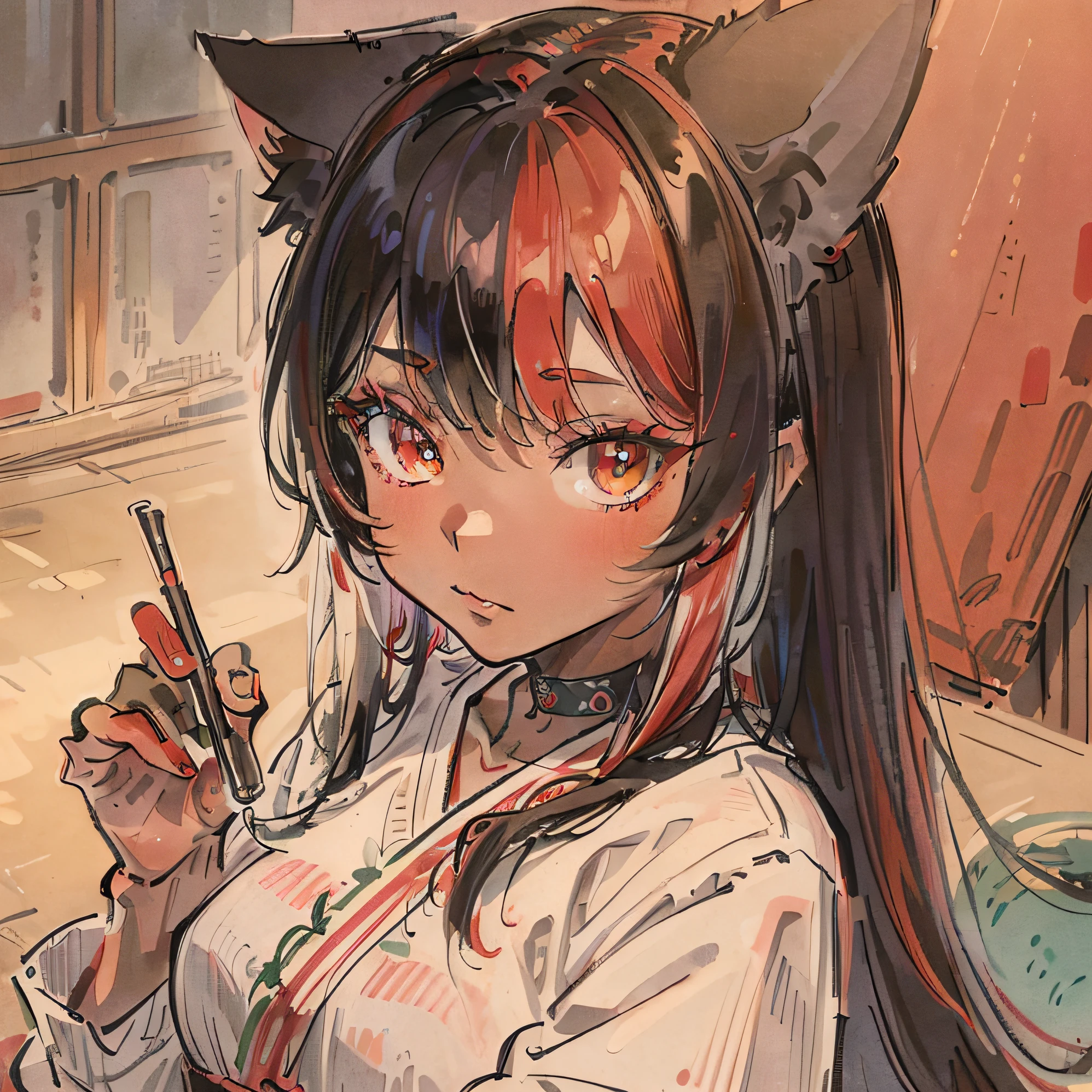 ((Best quality1.2))、((masterpiece))、((doress))、rot((rainbow-colored hair))、((Take a cute cat 1.5))、((red eyes)), ((Black skin tone)),
