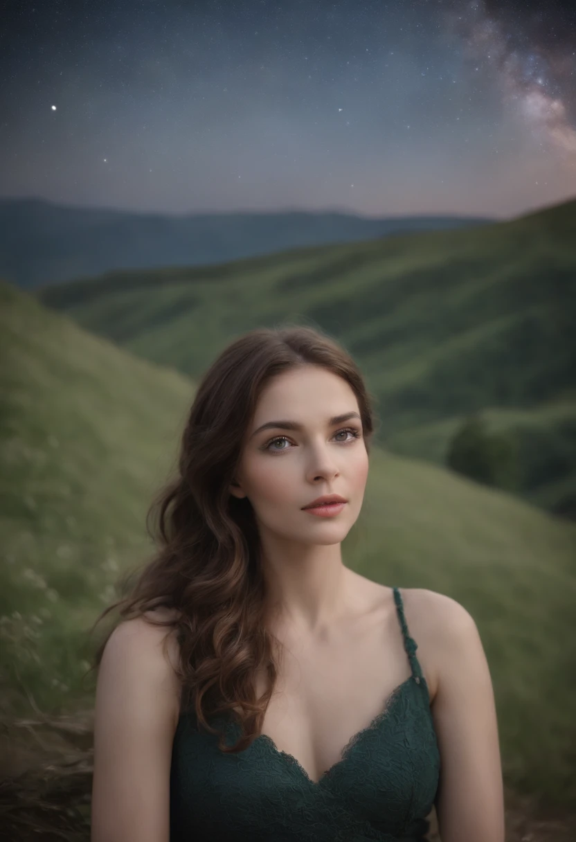 The sage is watching, ((The Beginning of Beautiful Creation)), A wonderful and vast universe with many galaxies. Linda mulher com olhos verde-escuro, pele branca, com coroa, princesa, perfeita, realista, bela