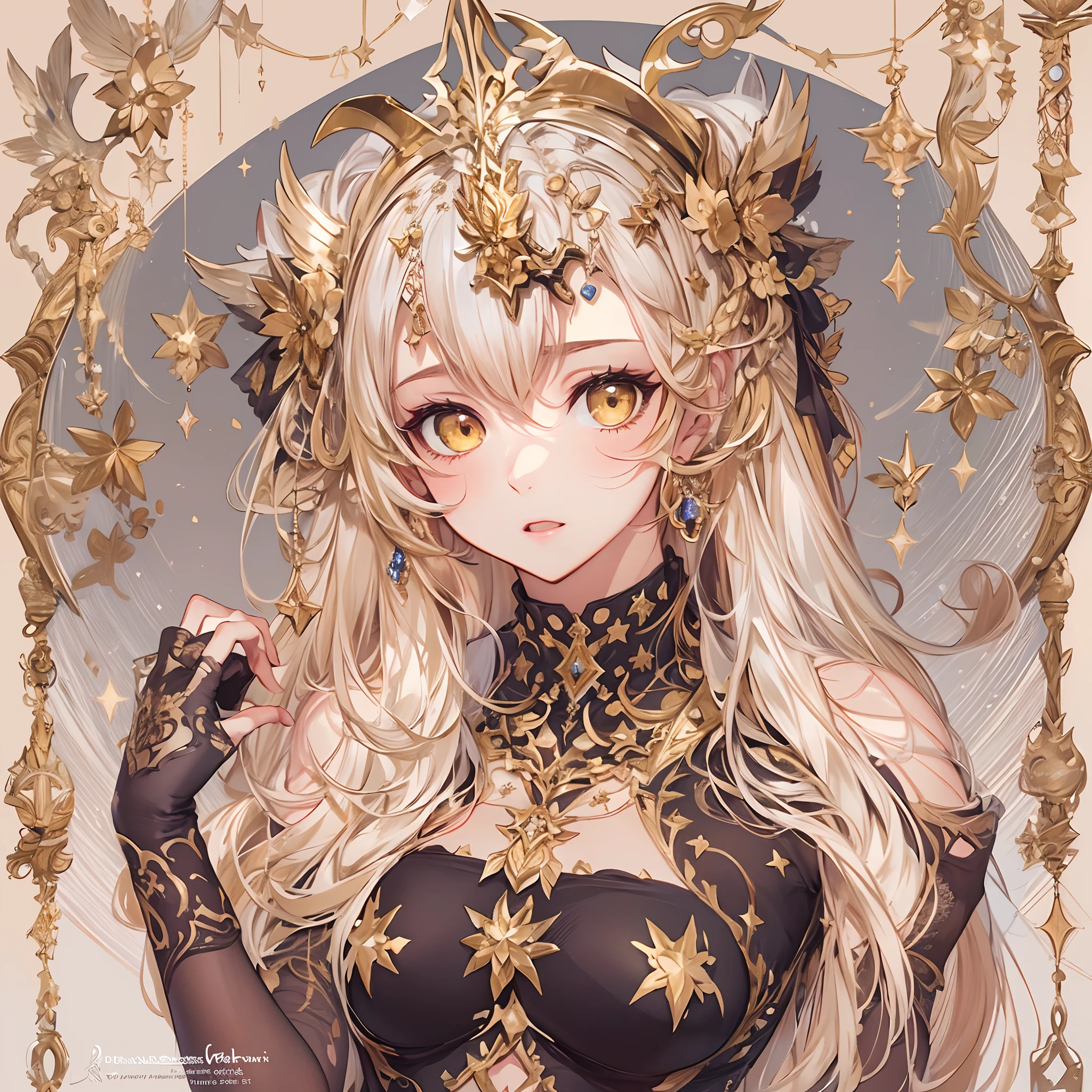 ((Masterpiece, Highest quality)), Detailed face, CharacterDesignSheet, full bodyesbian, Full of details, Multiple poses and expressions, Highly detailed, Depth, Many parts,beuaty girl,summoning,golden colored,estilo fantasia,lacepantyhose,Extremely beautiful,High Balance, Natural light,Star decoration,pets