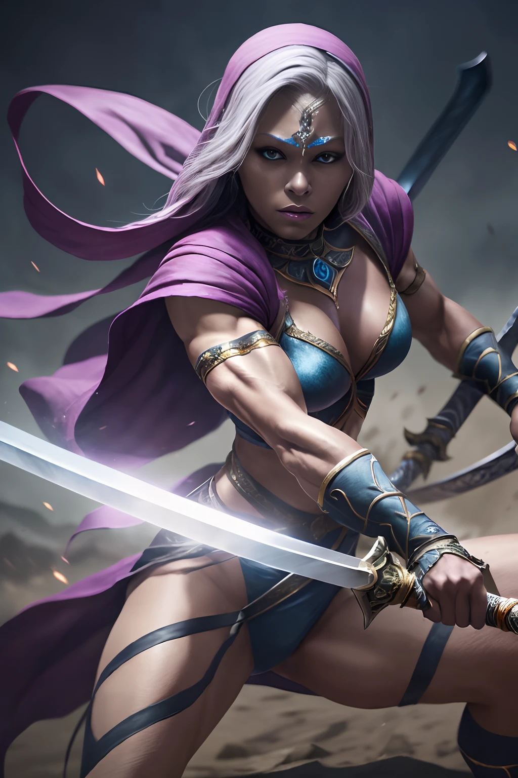 A beautiful muscular female Drow, wielding a long sword, fighting stance, cinematic lighting, dimly light