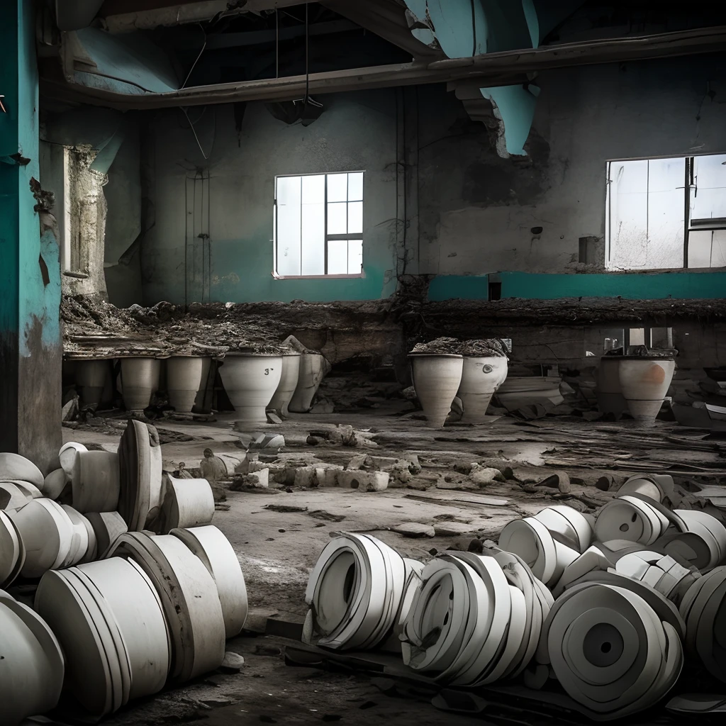 warehouse, Old slade, Destroyed warehouse, An abandoned porcelain warehouse, Gloomy building, Abandoned building at night, depressive tones, tiles on the walls, gloom, Darkness, mist, loneliness, Horror, poisonous green mist, Gloomy tones, Abandoned factory, shards of porcelain, pipes, machinery, Abandoned building