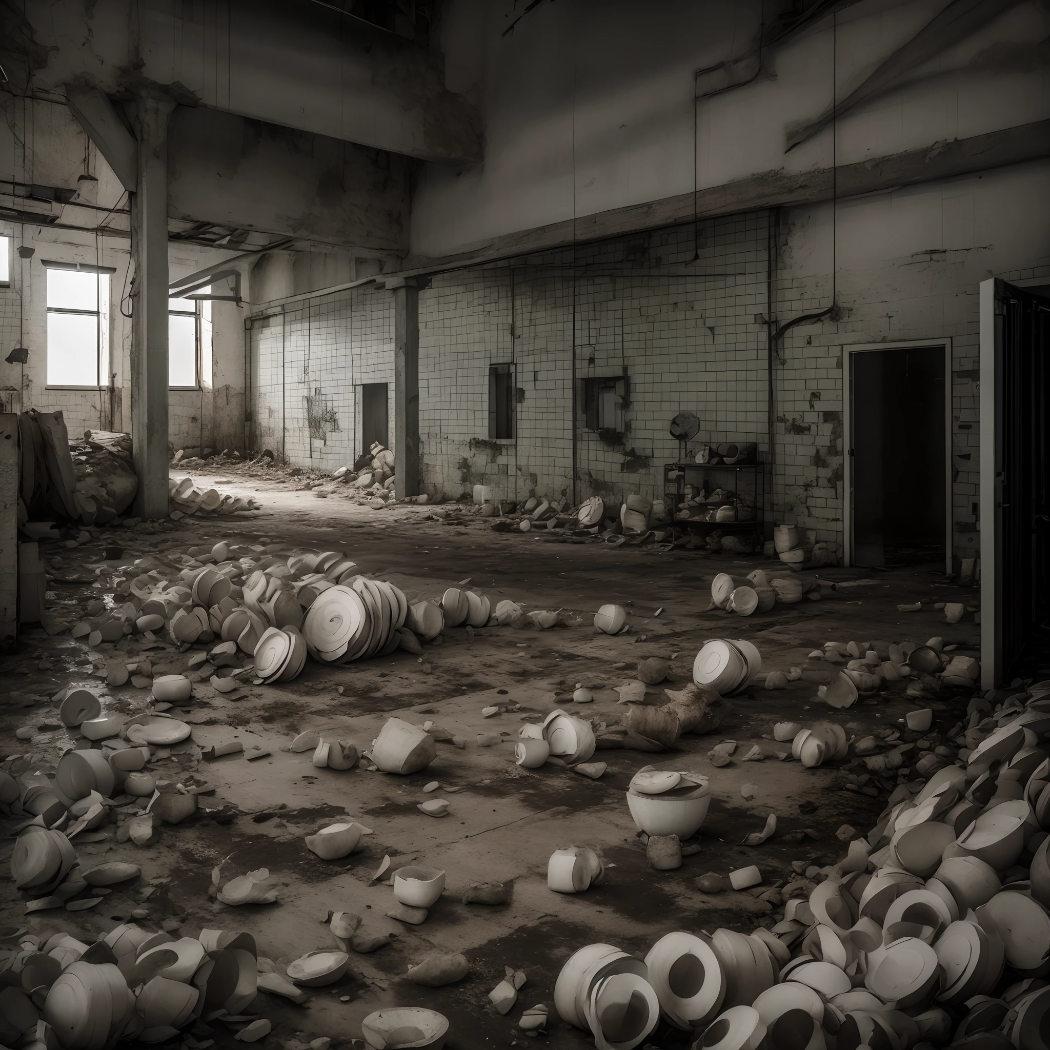 warehouse, Old slade, Destroyed warehouse, An abandoned porcelain warehouse, Gloomy building, Abandoned building at night, depressive tones, tiles on the walls, gloom, Darkness, mist, loneliness, Horror