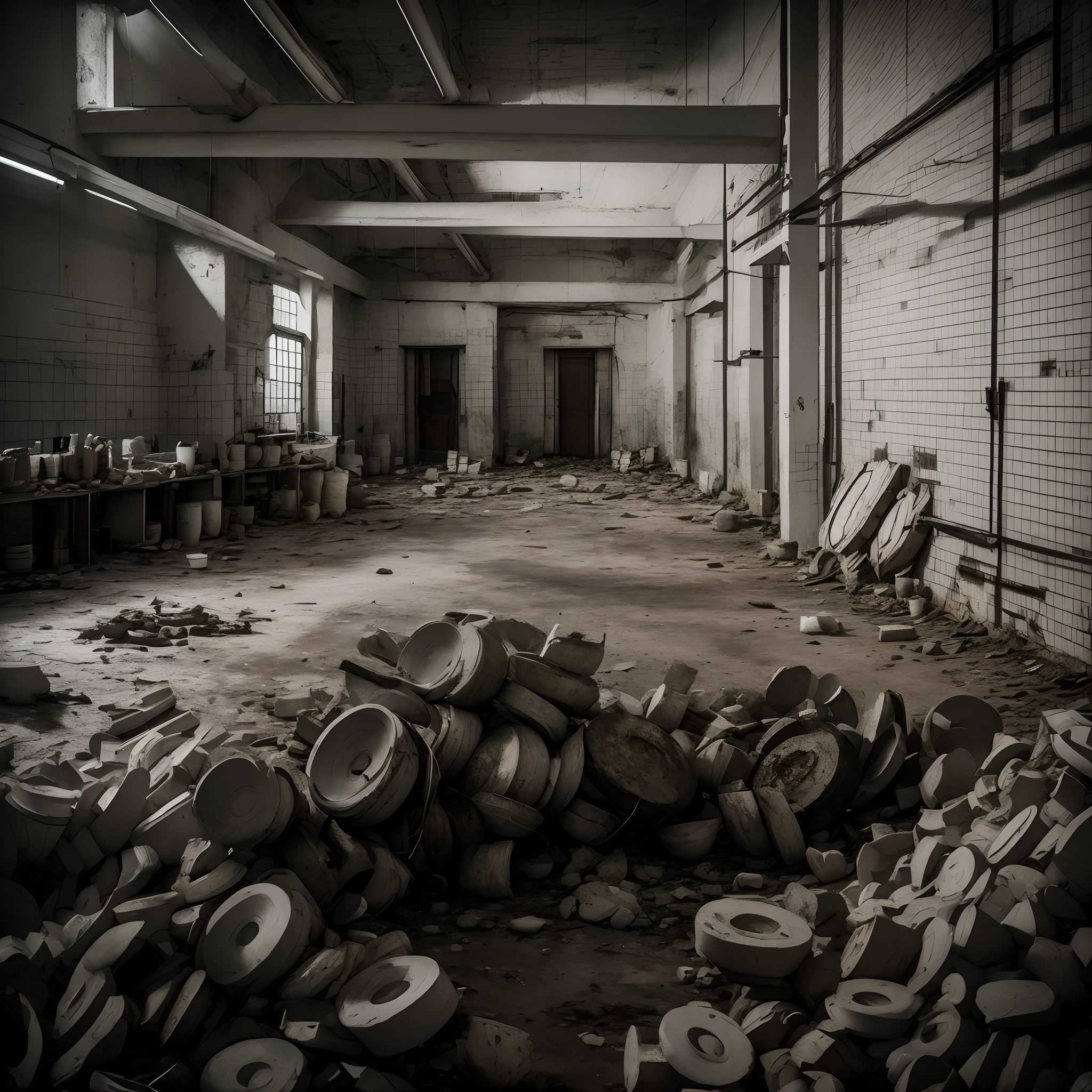 warehouse, Old slade, Destroyed warehouse, An abandoned porcelain warehouse, Gloomy building, Abandoned building at night, depressive tones, tiles on the walls, gloom, Darkness, mist, loneliness, Horror